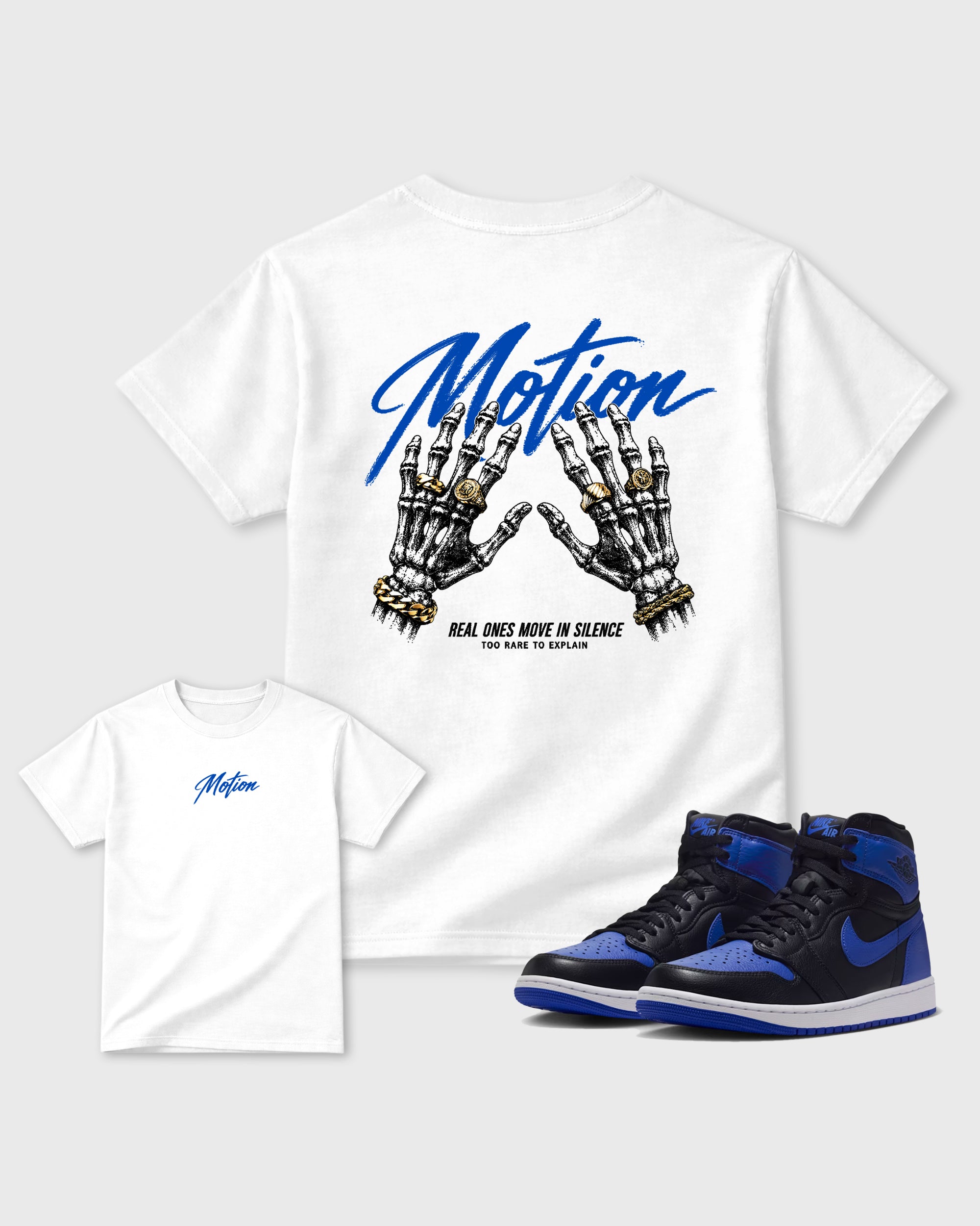 Motion White Graphic Tees - 1, sneaker matching tee designed to match Air Jordan 1 High OG Royal sneakers for a coordinated sneaker outfit.