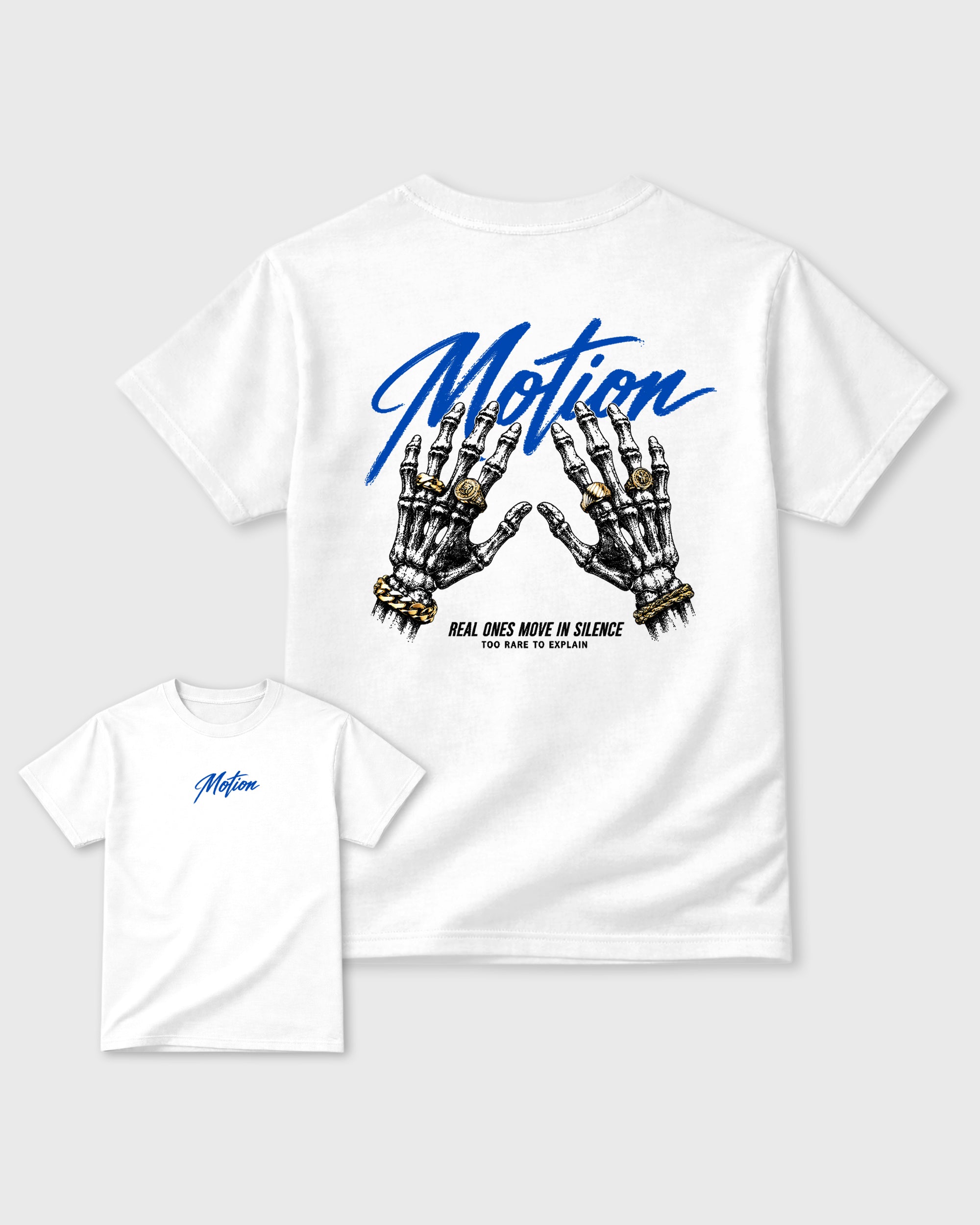 Motion White Graphic Tees - 3, sneaker matching shirt designed to pair with Air Jordan 1 Royal sneakers for a coordinated streetwear outfit.