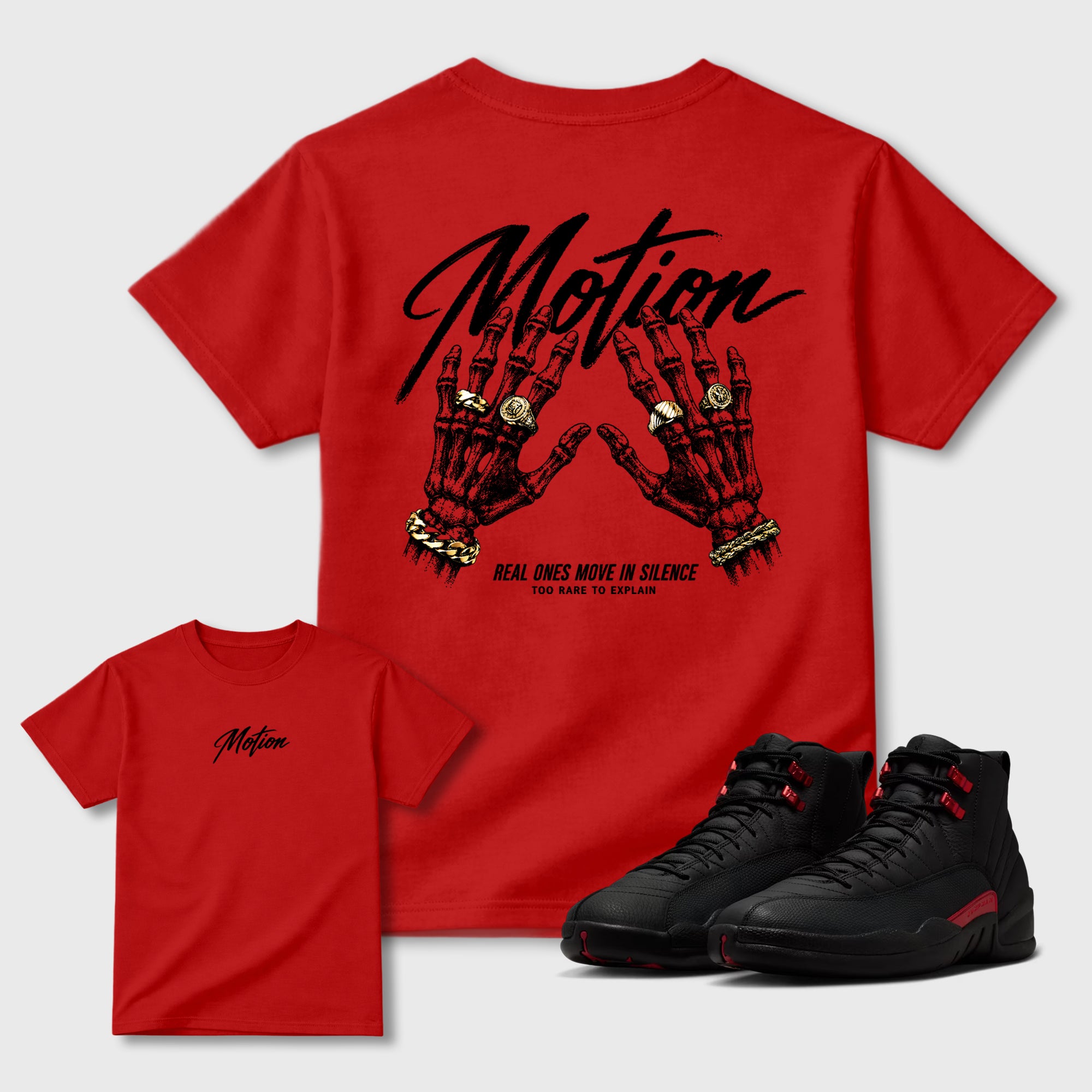 Motion Graphic T-Shirt sneaker match tee designed for the Air Jordan 12 Bloodline sneakers, featuring coordinated color options for a perfect streetwear match. Red shirt.