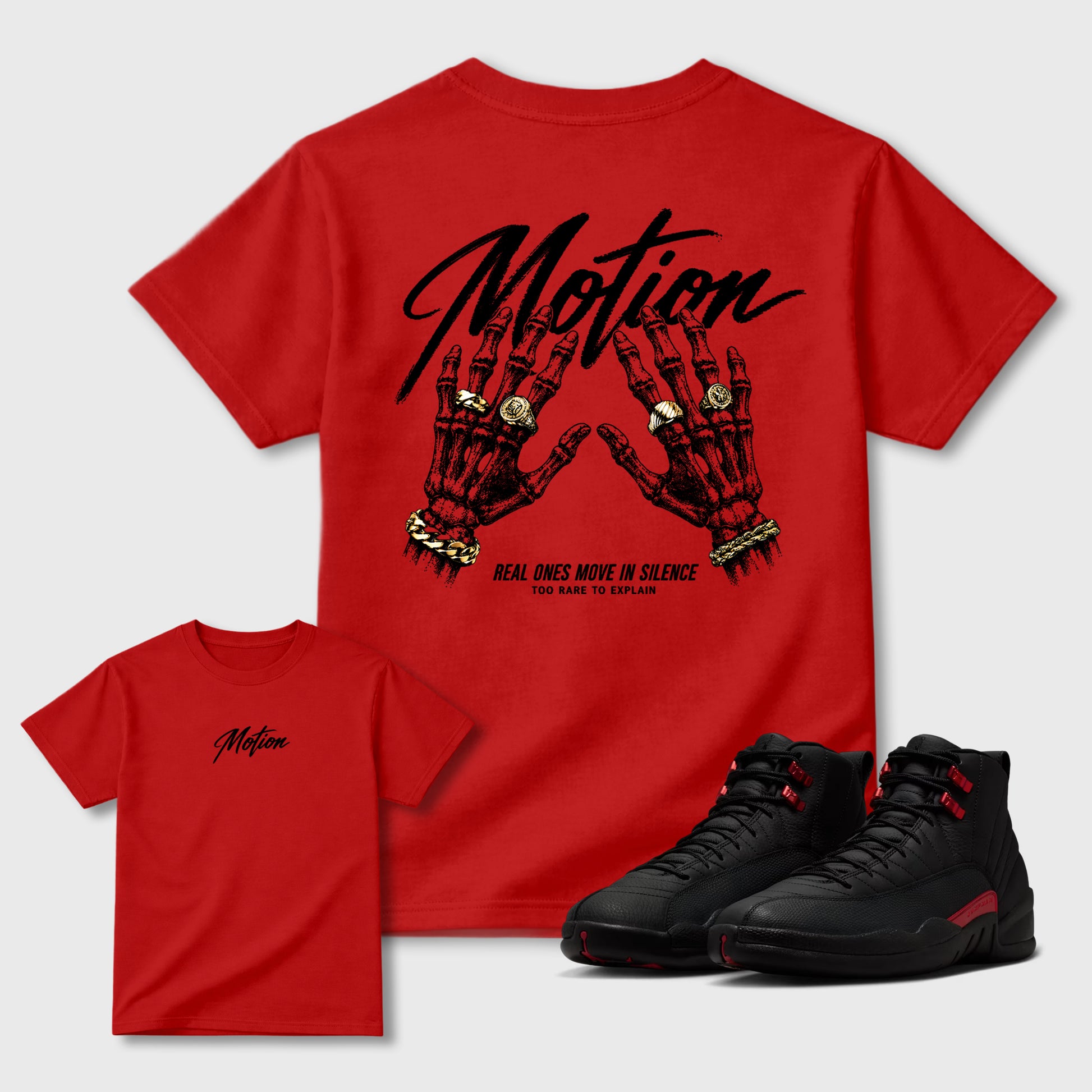 Motion Graphic T-Shirt sneaker match tee designed for the Air Jordan 12 Bloodline sneakers, featuring coordinated color options for a perfect streetwear match. Red shirt.