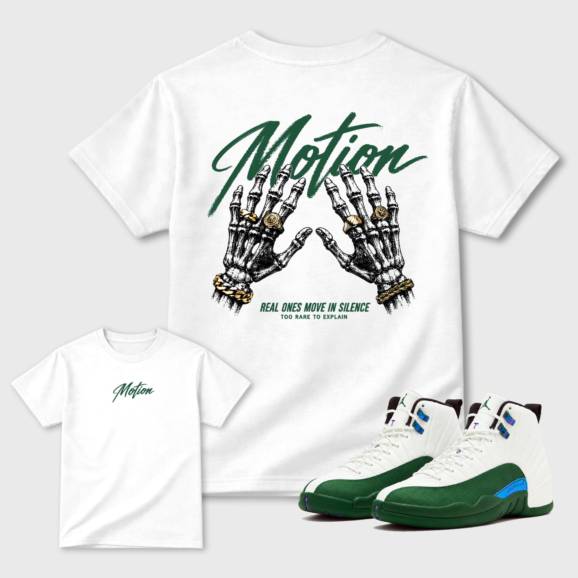 Motion White Graphic T-Shirt - 1, sneaker matching tee designed to match Air Jordan 12 Bucks sneakers for a coordinated sneaker outfit.