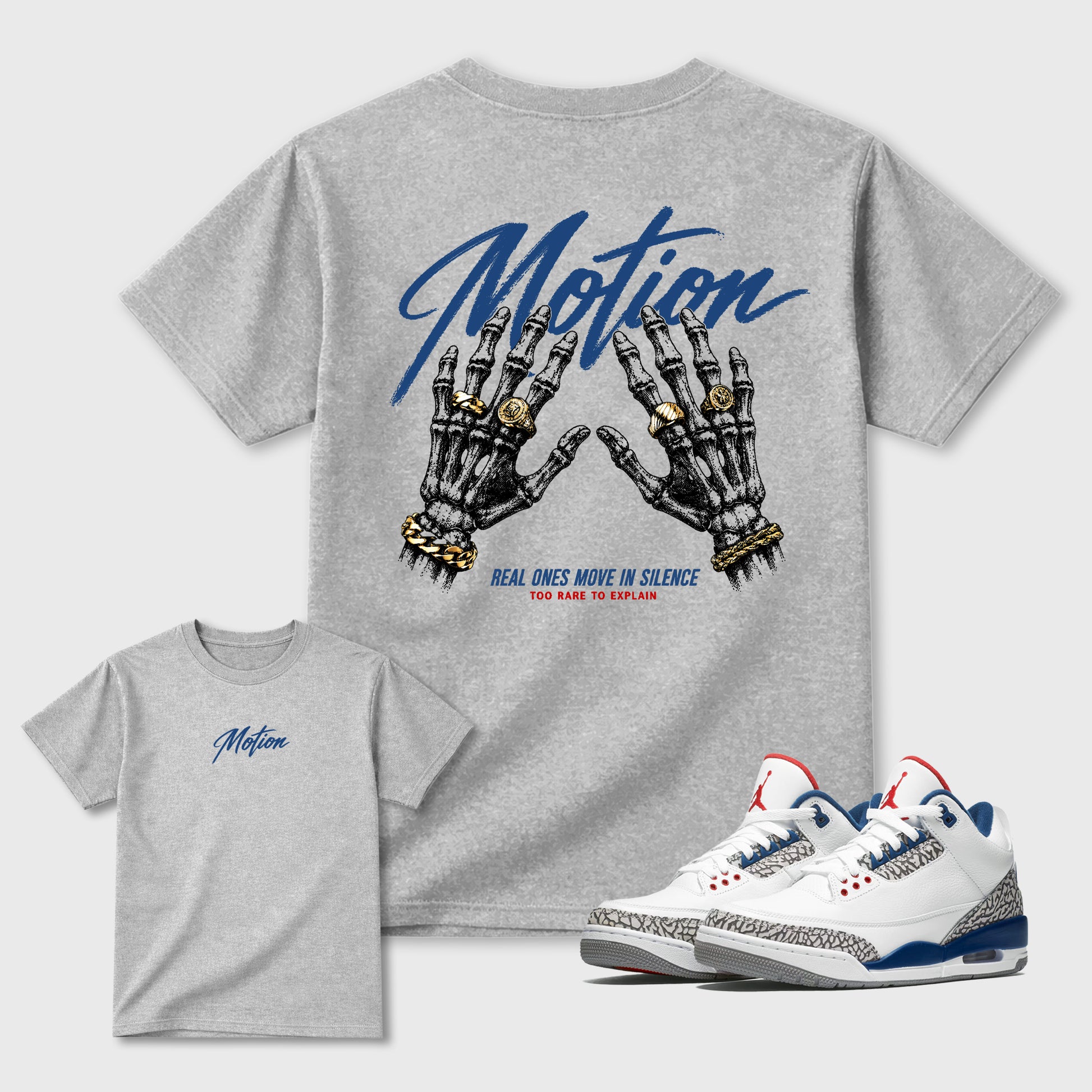 Motion Graphic T-Shirt sneaker match tee designed for the 3s True Blue, featuring coordinated color options for a perfect streetwear match. Heather Grey shirt.