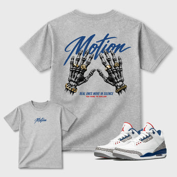Motion Graphic T-Shirt sneaker match tee designed for the 3s True Blue, featuring coordinated color options for a perfect streetwear match. Heather Grey shirt.