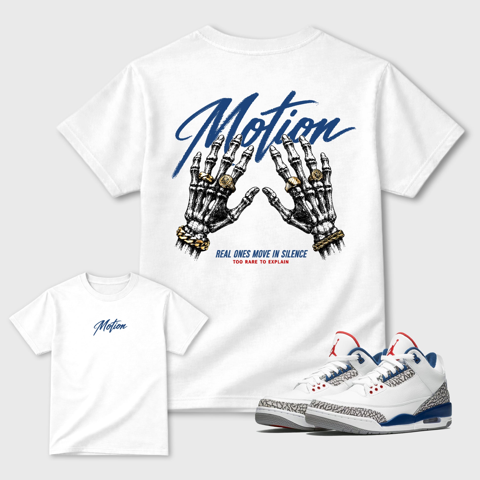 Motion Graphic T-Shirt sneaker match tee designed for the Air Jordan 3 True Blue sneakers, featuring coordinated color options for a perfect streetwear match. White shirt.