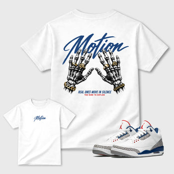 Motion Graphic T-Shirt sneaker match tee designed for the Air Jordan 3 True Blue sneakers, featuring coordinated color options for a perfect streetwear match. White shirt.