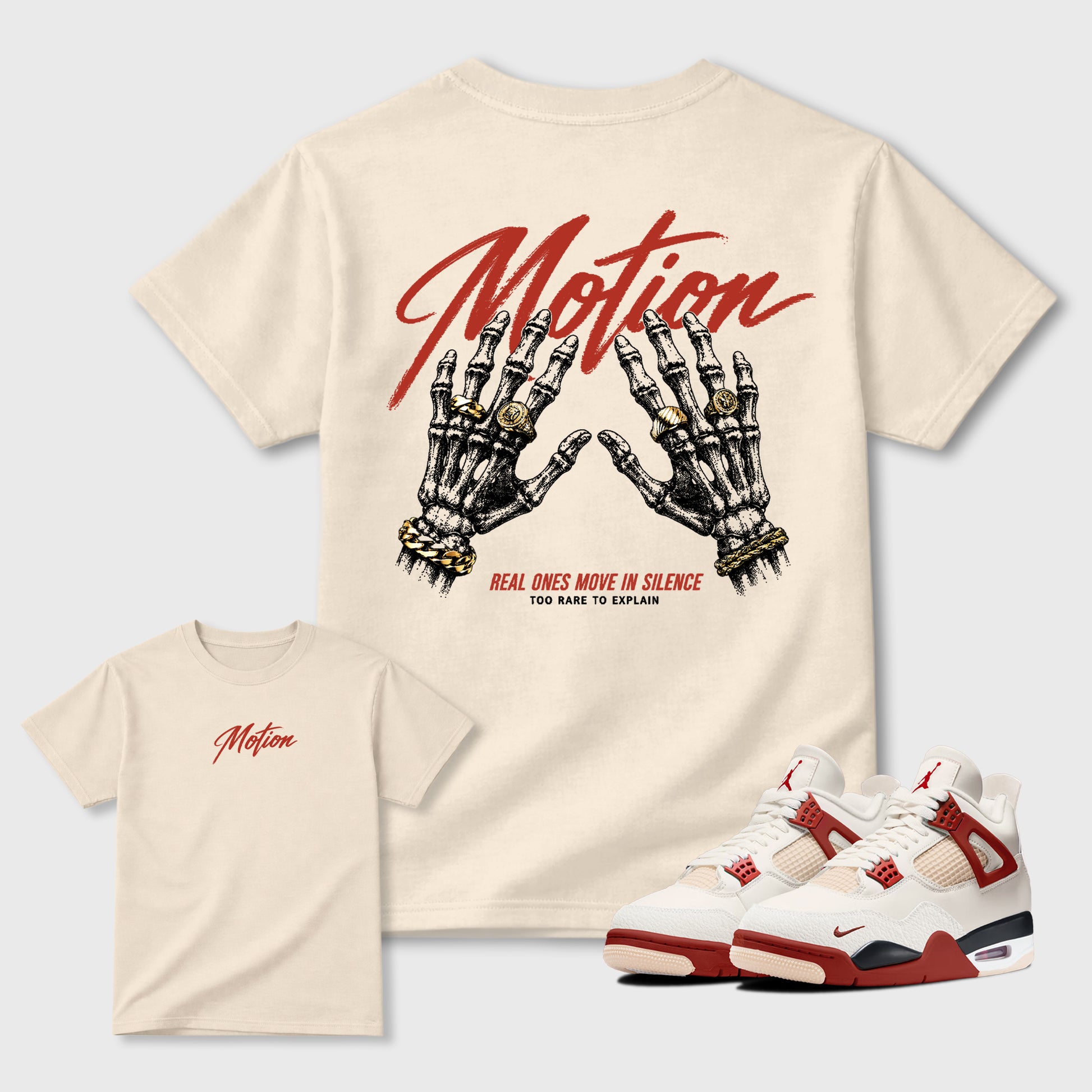 Motion Graphic T-Shirt sneaker match tee designed for the Air Jordan 4 Brick After Brick sneakers, featuring coordinated color options for a perfect streetwear match. Natural shirt.