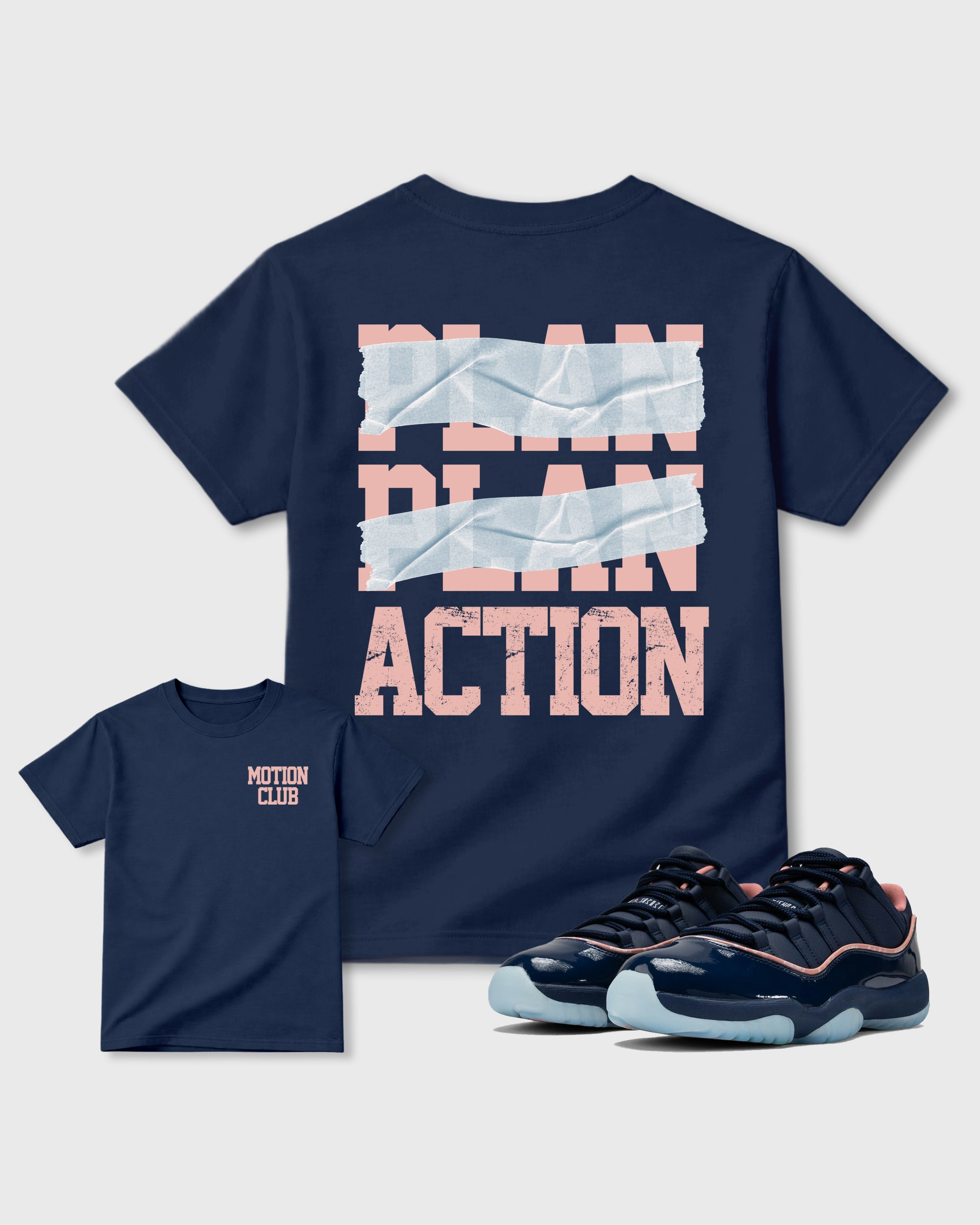 Motion Club Navy Graphic T-Shirt - 1, sneaker matching tee designed to match Air Jordan 11 Made For Locals sneakers for a coordinated sneaker outfit.