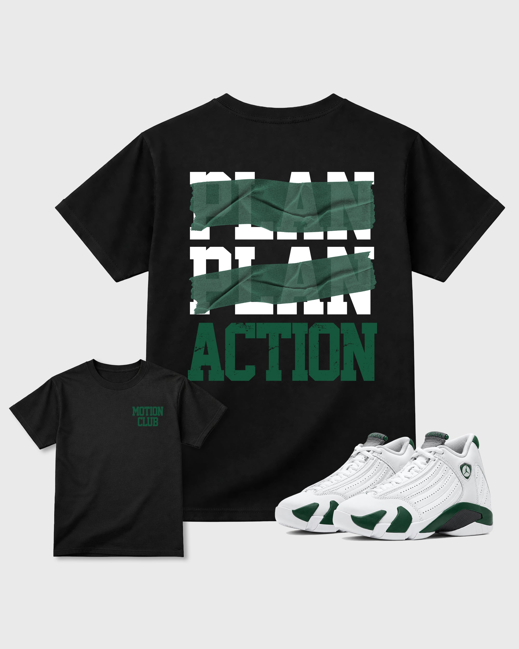 Motion Club Black Graphic T-Shirt - 3, sneaker matching shirt designed to pair with Air Jordan 14 Forest Green sneakers for a coordinated streetwear outfit.