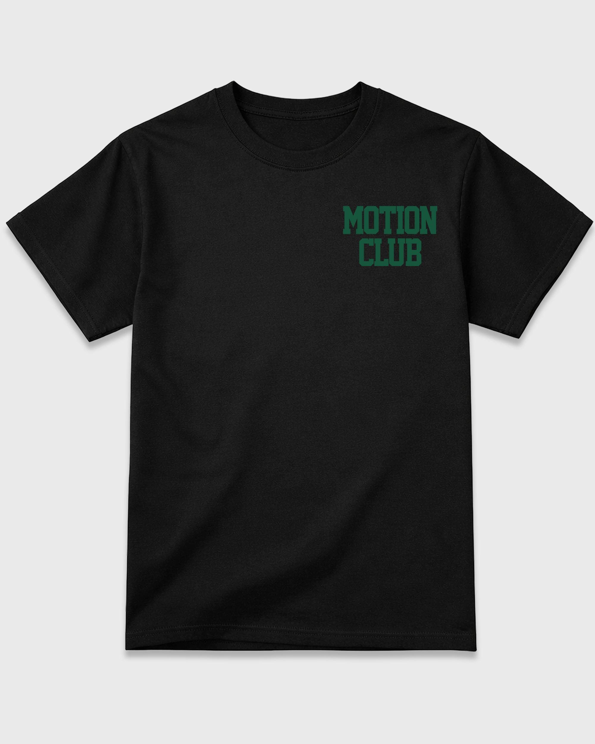 Motion Club Black Graphic T-Shirt - 3, sneaker matching shirt designed to pair with Air Jordan 14 Forest Green sneakers for a coordinated streetwear outfit.