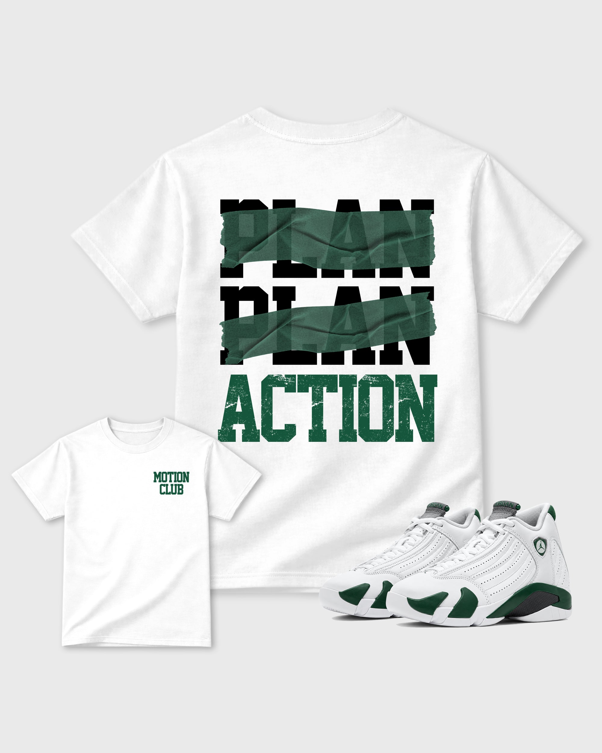 Motion Club White Graphic T-Shirt - 1, sneaker matching tee designed to match Air Jordan 14 Forest Green sneakers for a coordinated sneaker outfit.