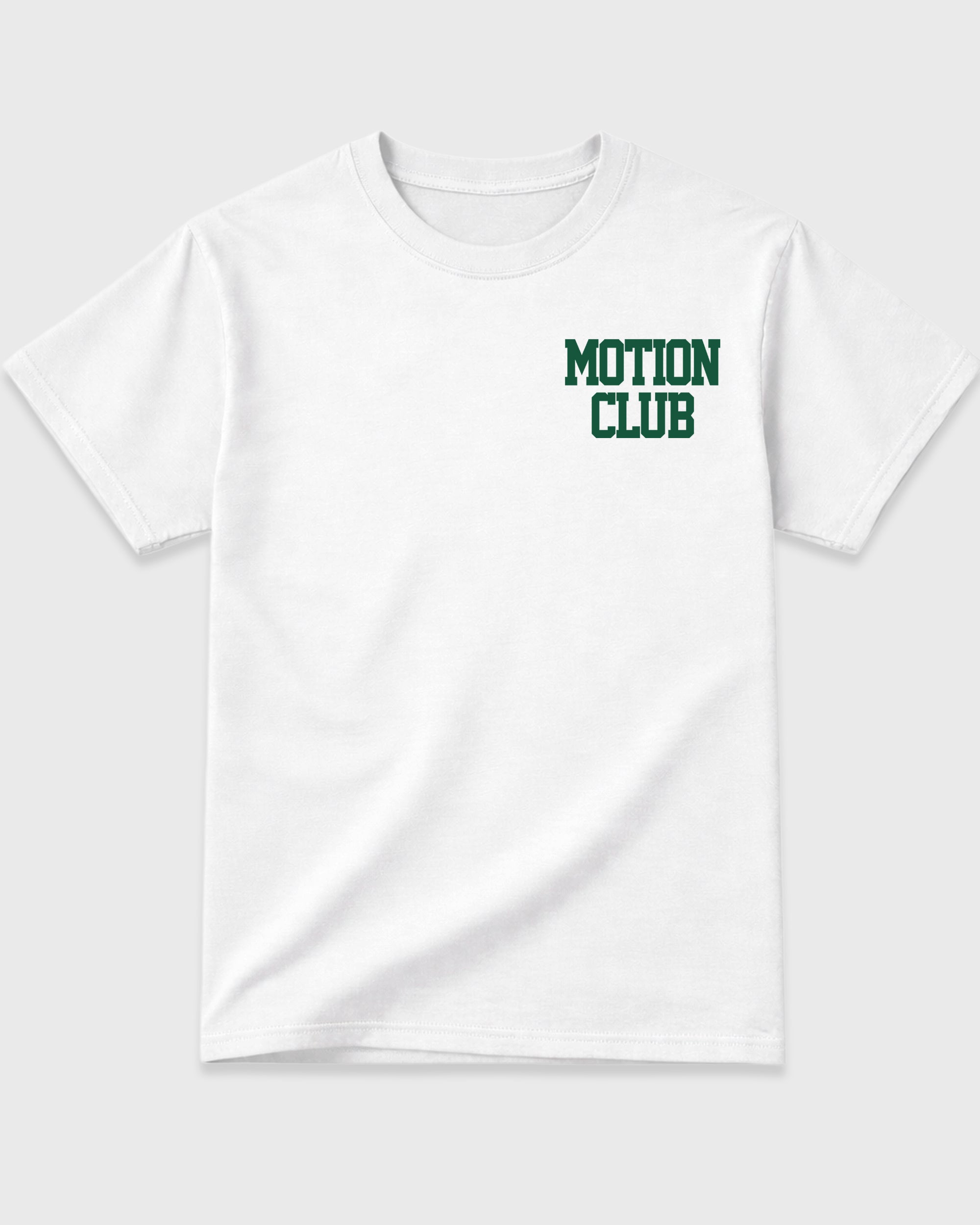 Motion Club White Graphic T-Shirt - 3, sneaker matching shirt designed to pair with Air Jordan 14 Forest Green sneakers for a coordinated streetwear outfit.