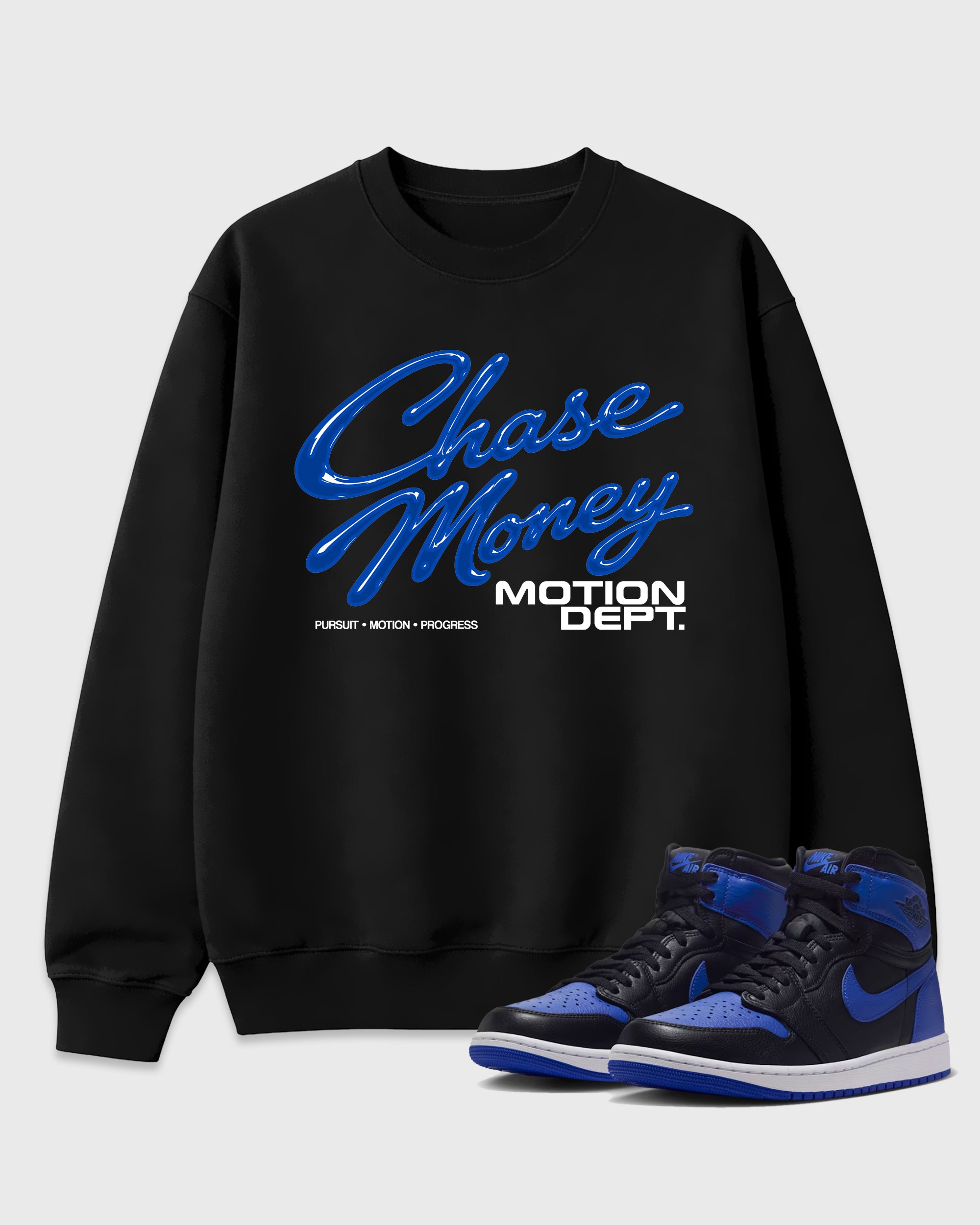 Motion Dept Graphic T-Shirt featuring original streetwear artwork designed to match the Air Jordan 1 Royal. Black 1 Graphic Tee.