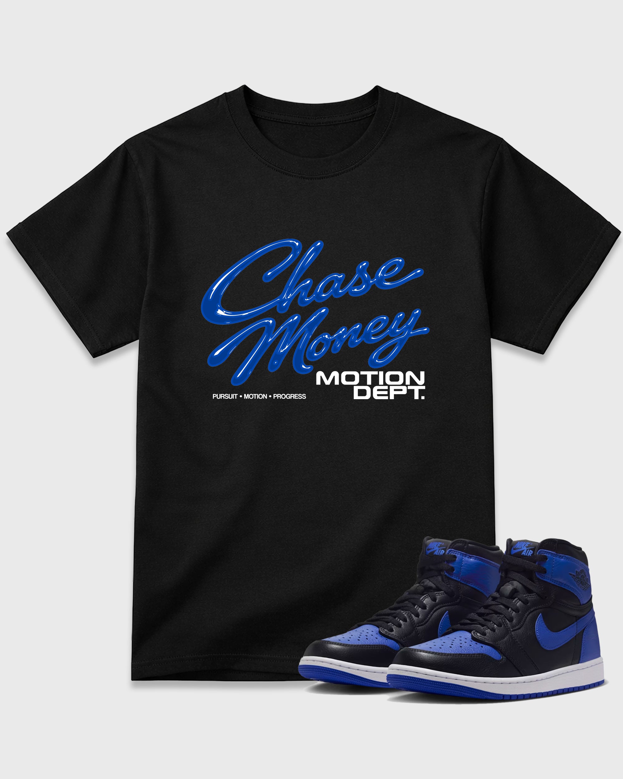 Motion Dept Graphic T-Shirt featuring original streetwear artwork designed to match the Air Jordan 1 Royal. Black 1 Graphic T-Shirt.