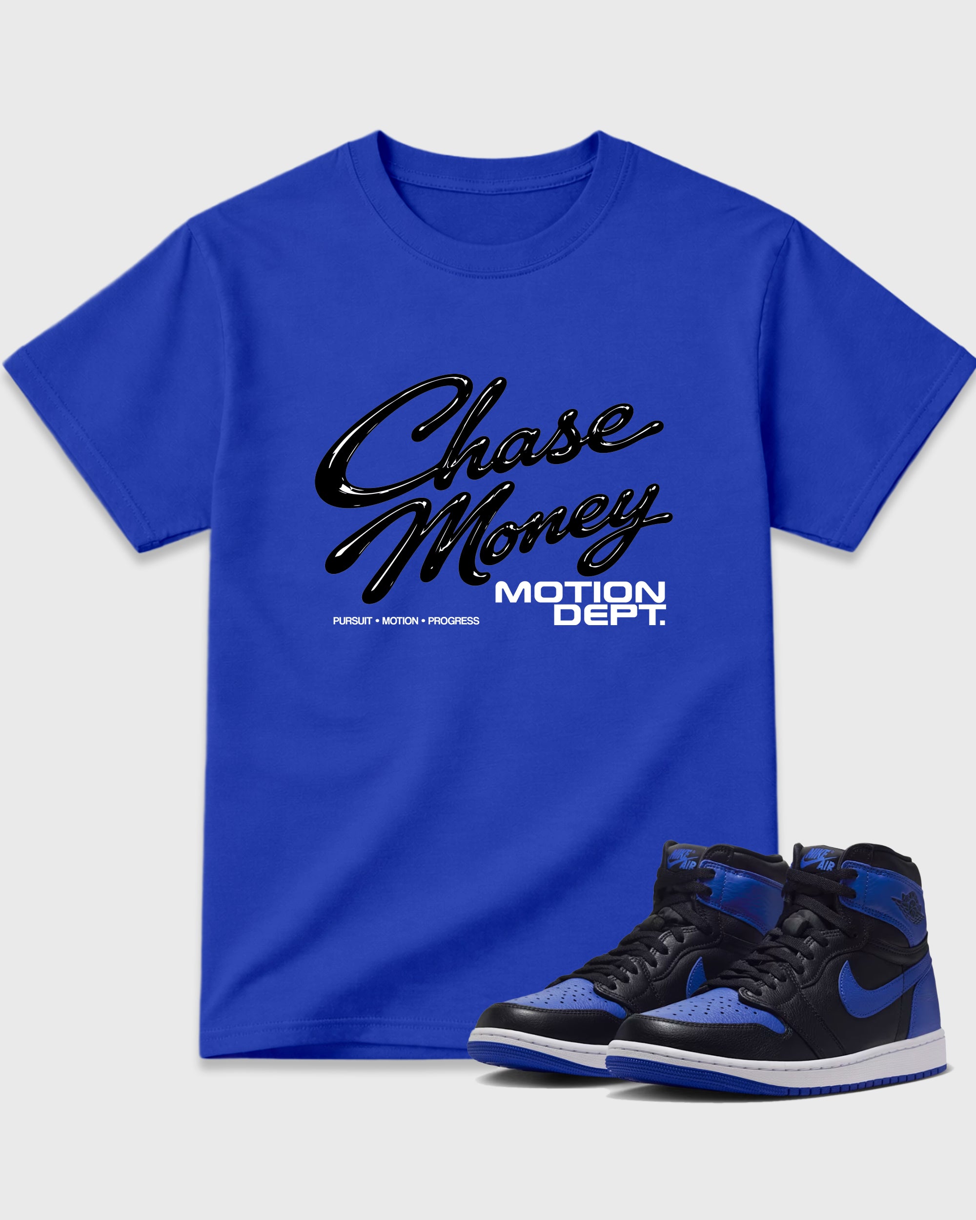Motion Dept Graphic T-Shirt featuring original streetwear artwork designed to match the Air Jordan 1 Royal. Royal Blue 1 Graphic T-Shirt.