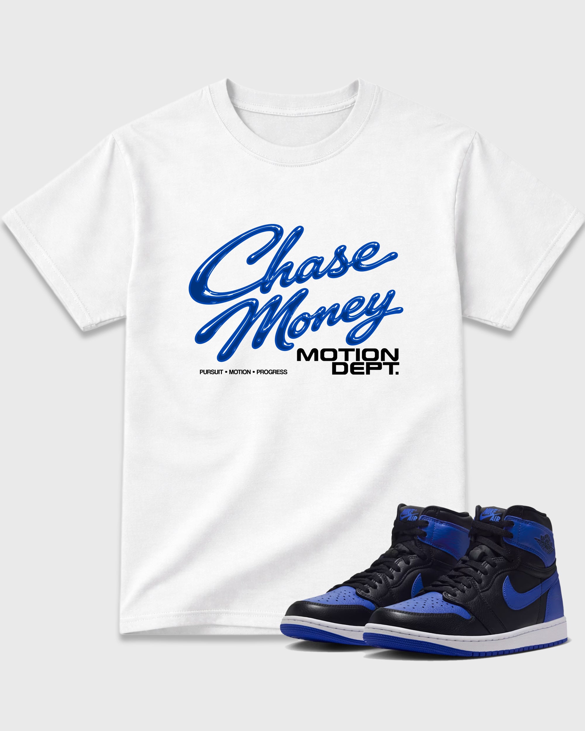 Motion Dept Graphic T-Shirt featuring original streetwear artwork designed to match the Air Jordan 1 Royal. White 1 Graphic T-Shirt.