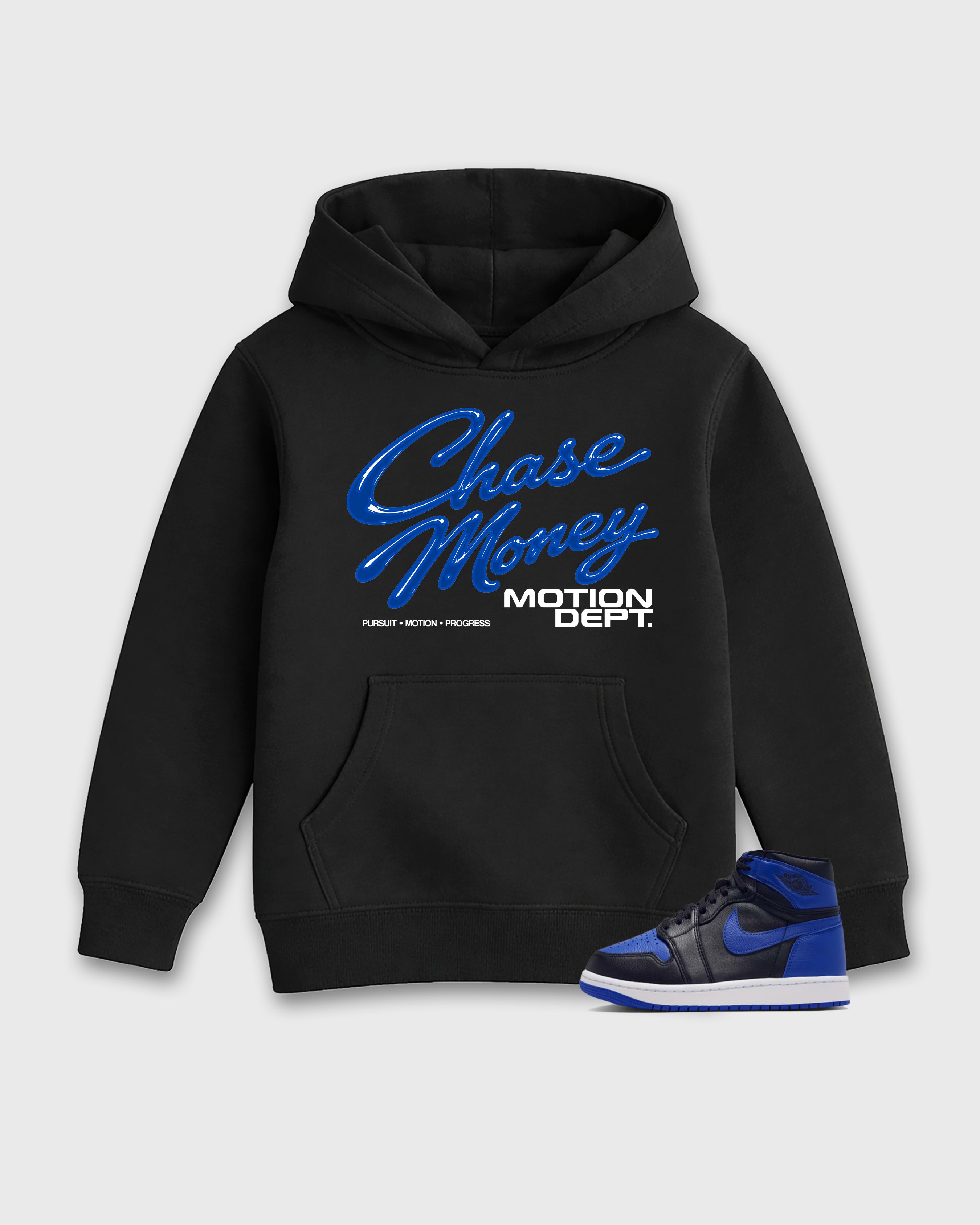 Motion Dept Baby & Kids Graphic Hoodie featuring original artwork designed to match the Air Jordan 1 Royal. Black 1 Kids Graphic Sweater.