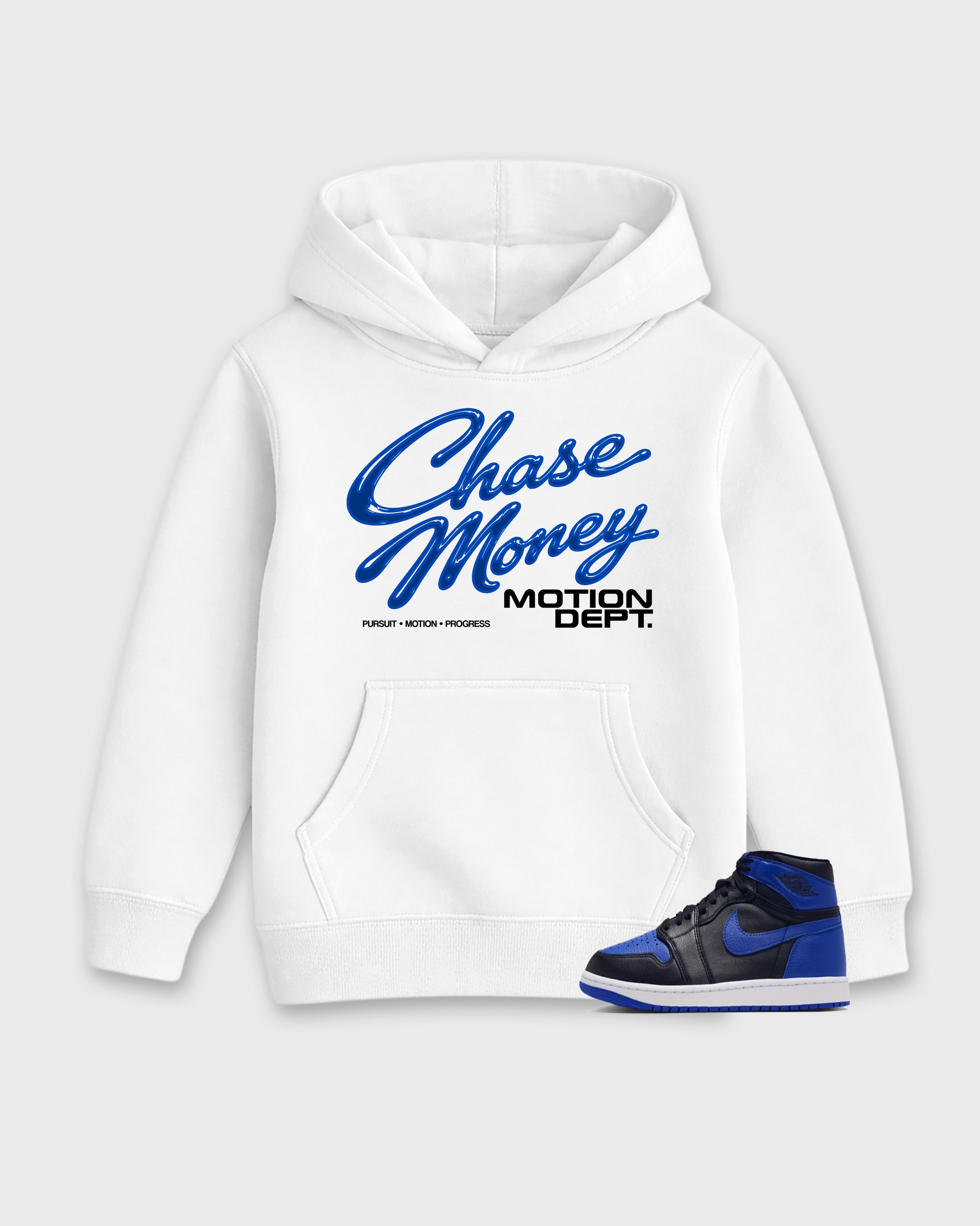 Motion Dept Baby & Kids Graphic Hoodie featuring original artwork designed to match the Air Jordan 1 Royal. White 1 Kids Graphic Sweater.
