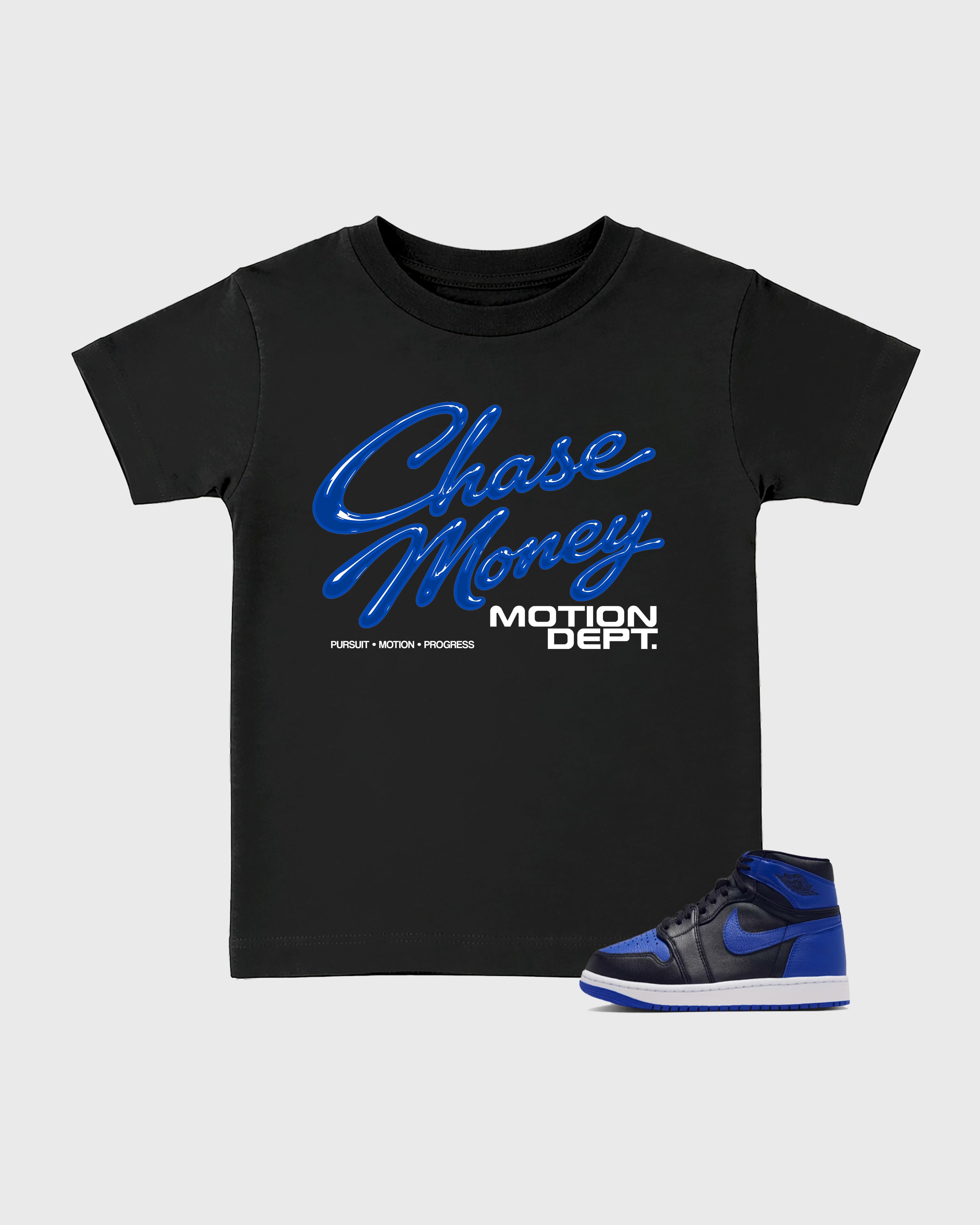 Motion Dept Baby & Kids Graphic T-Shirt featuring original artwork designed to match the Air Jordan 1 Royal. Black 1 Kids Graphic Tee.