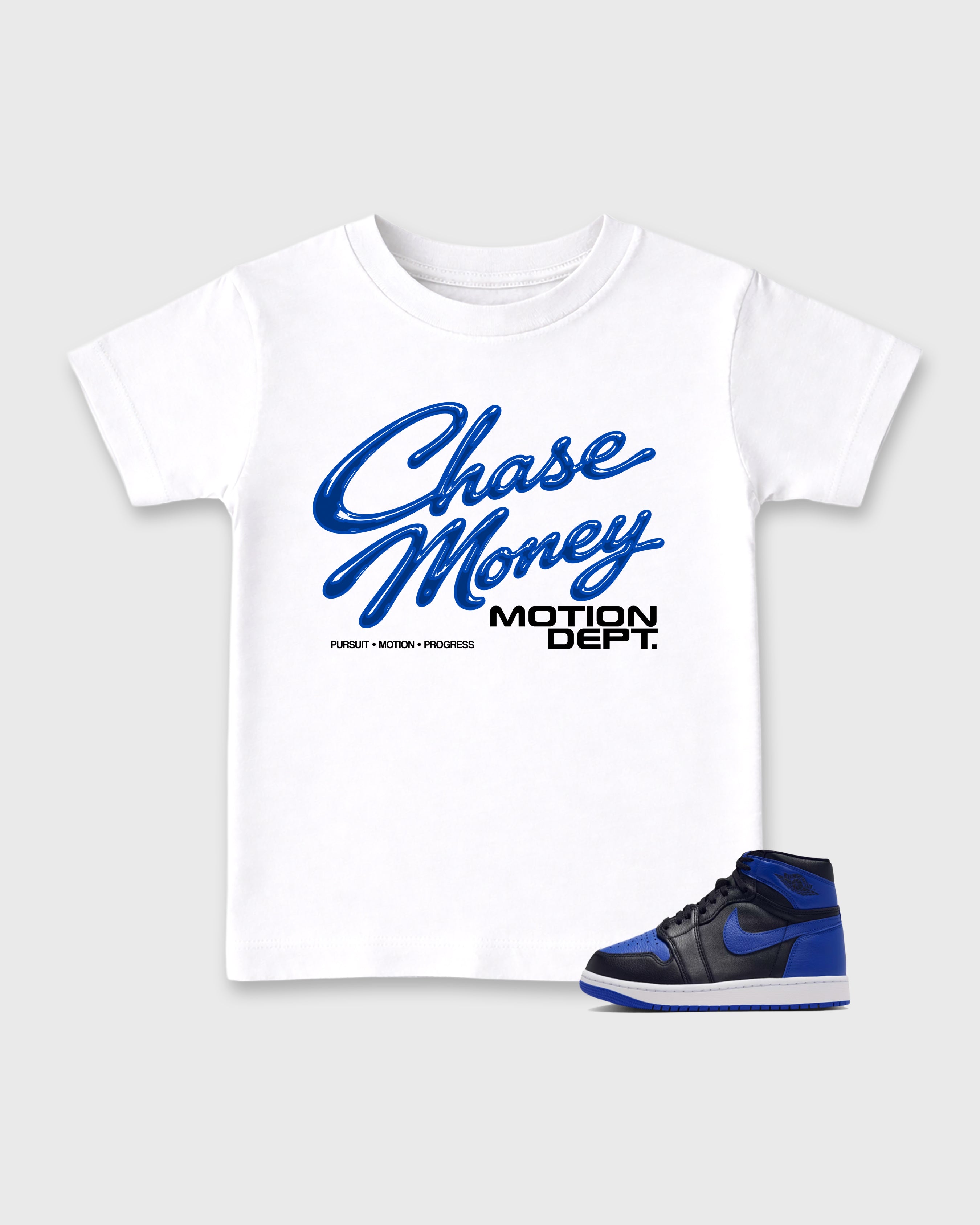 Motion Dept Baby & Kids Graphic T-Shirt featuring original artwork designed to match the Air Jordan 1 Royal. White 1 Kids Graphic Tee.