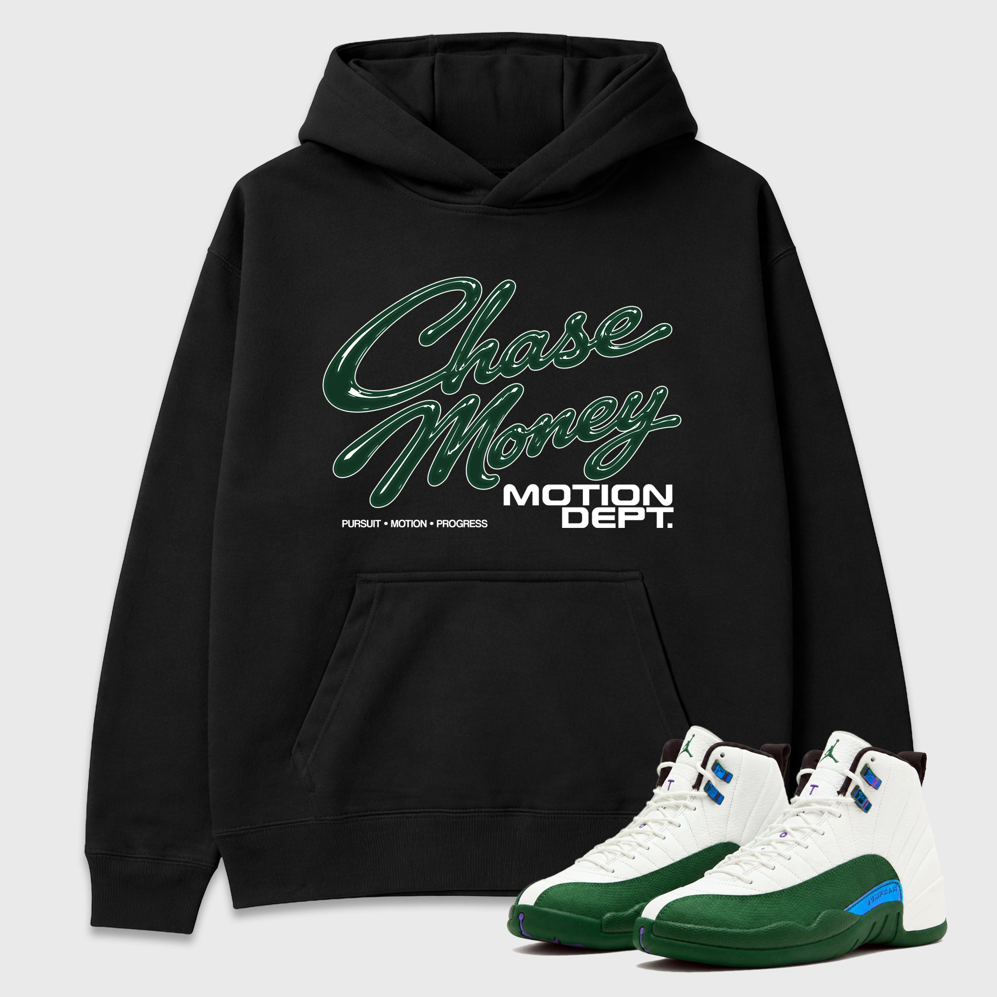 Motion Dept Graphic T-Shirt featuring original streetwear artwork designed to match the Air Jordan 12 Summit Green. Black 1 Graphic Tee.
