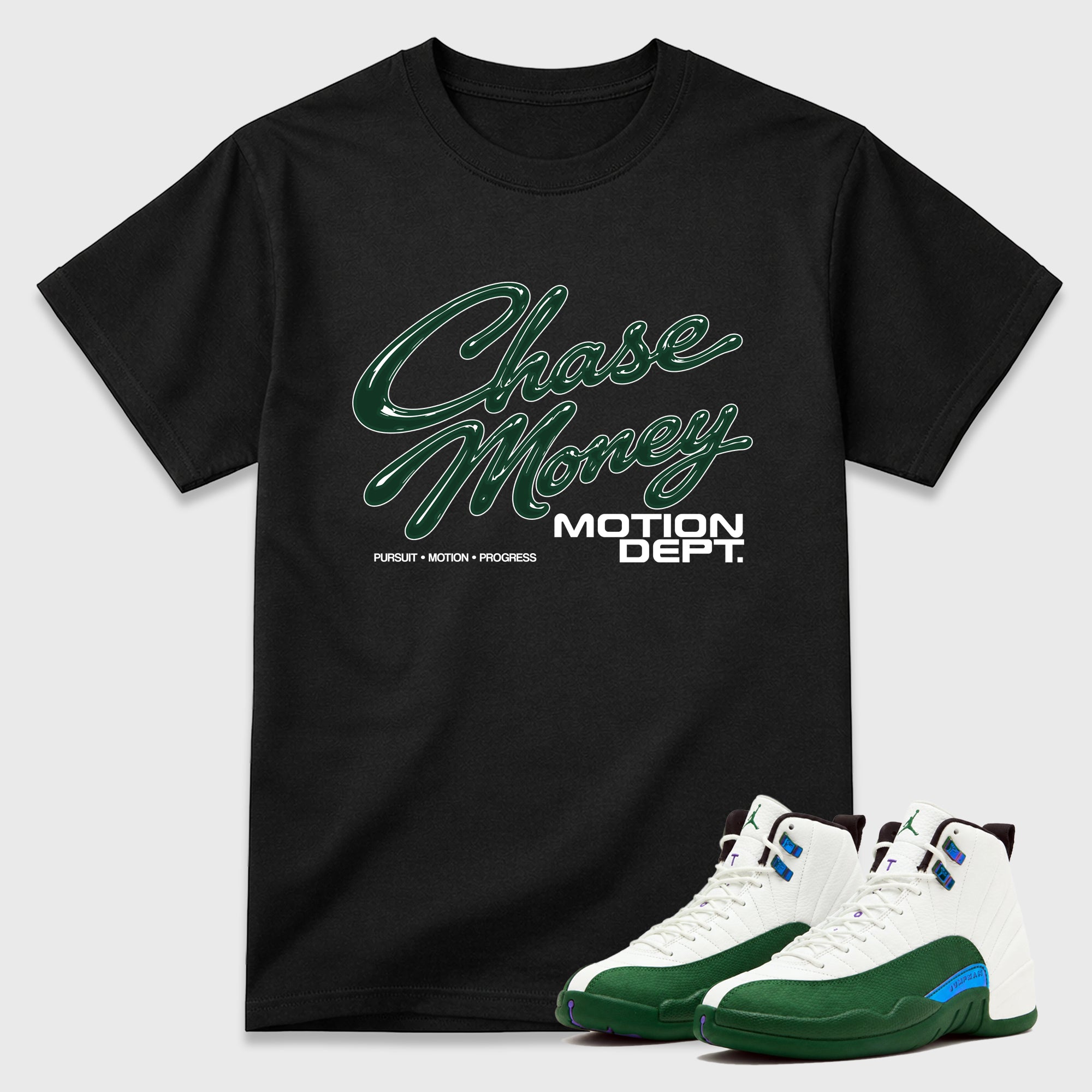 Motion Dept Graphic T-Shirt featuring original streetwear artwork designed to match the Air Jordan 12 Summit Green. Black 1 Graphic T-Shirt.