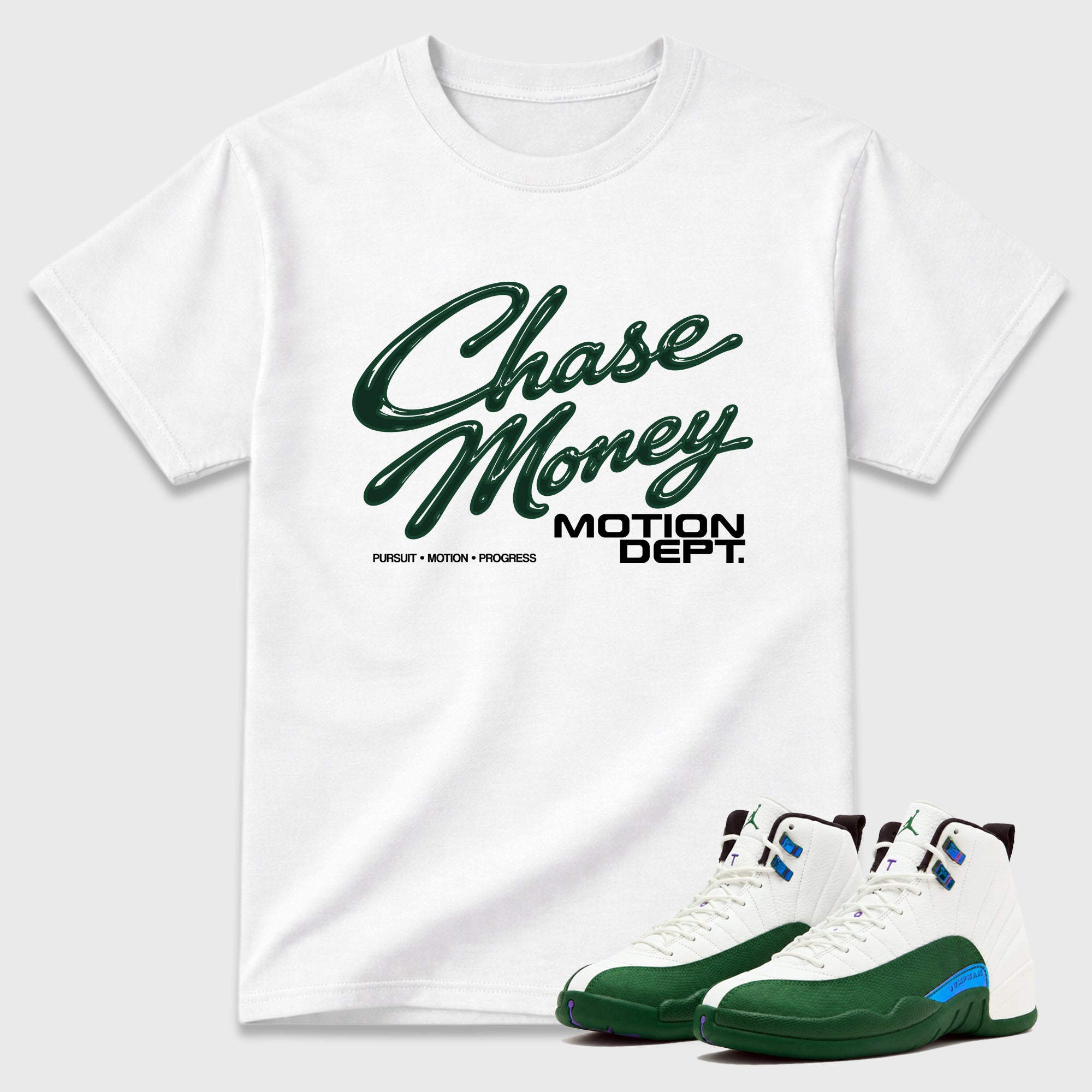 Motion Dept Graphic T-Shirt featuring original streetwear artwork designed to match the Air Jordan 12 Summit Green. White 1 Graphic T-Shirt.