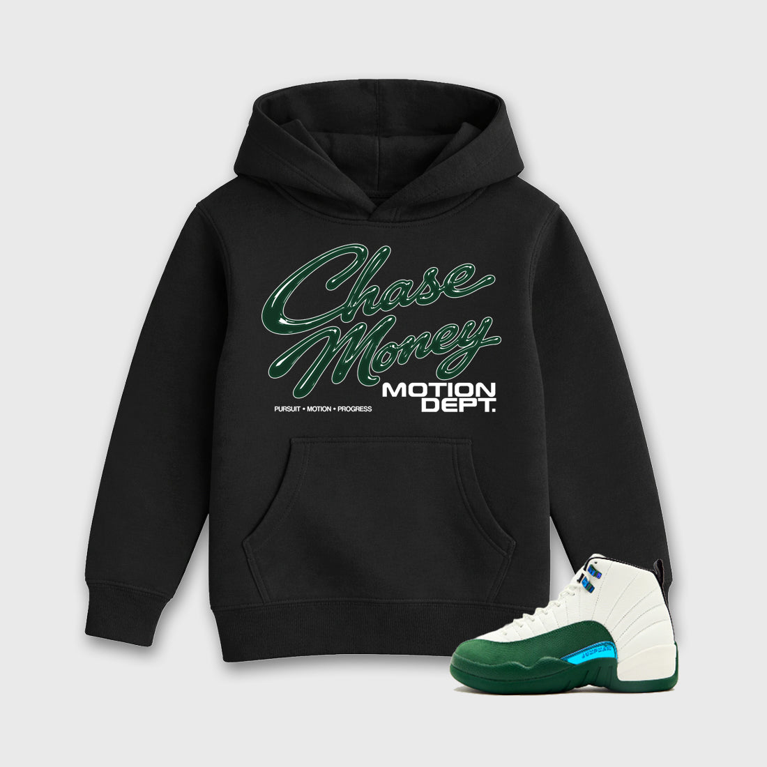 Motion Dept Baby & Kids Graphic Hoodie featuring original artwork designed to match the Air Jordan 12 Summit Green. Black 1 Kids Graphic Sweater.