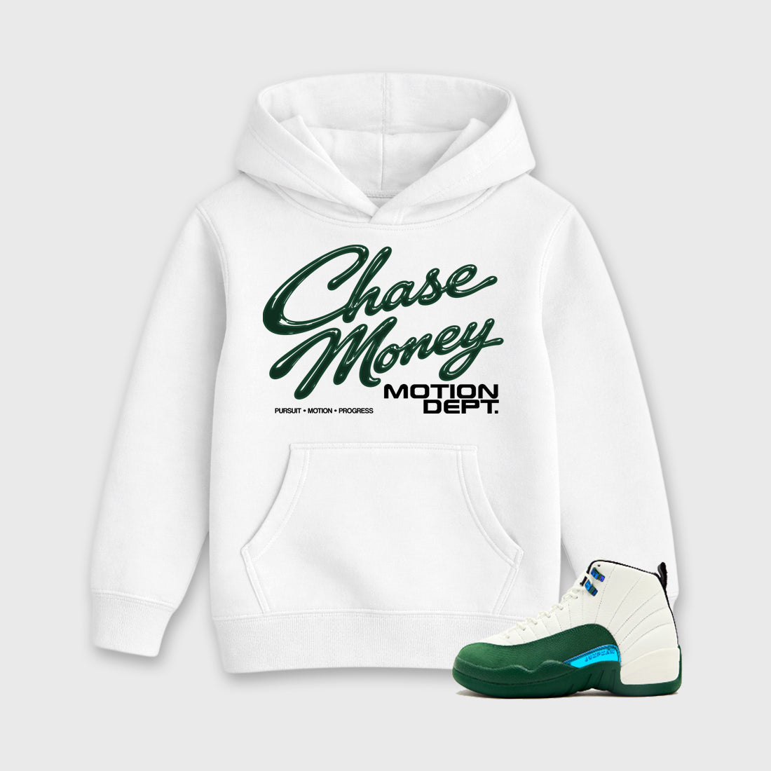 Motion Dept Baby & Kids Graphic Hoodie featuring original artwork designed to match the Air Jordan 12 Summit Green. White 1 Kids Graphic Sweater.