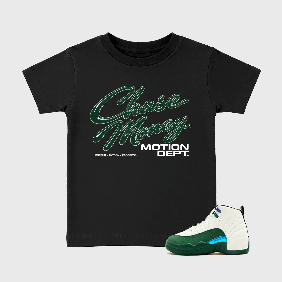 Motion Dept Baby & Kids Graphic T-Shirt featuring original artwork designed to match the Air Jordan 12 Summit Green. Black 1 Kids Graphic Tee.