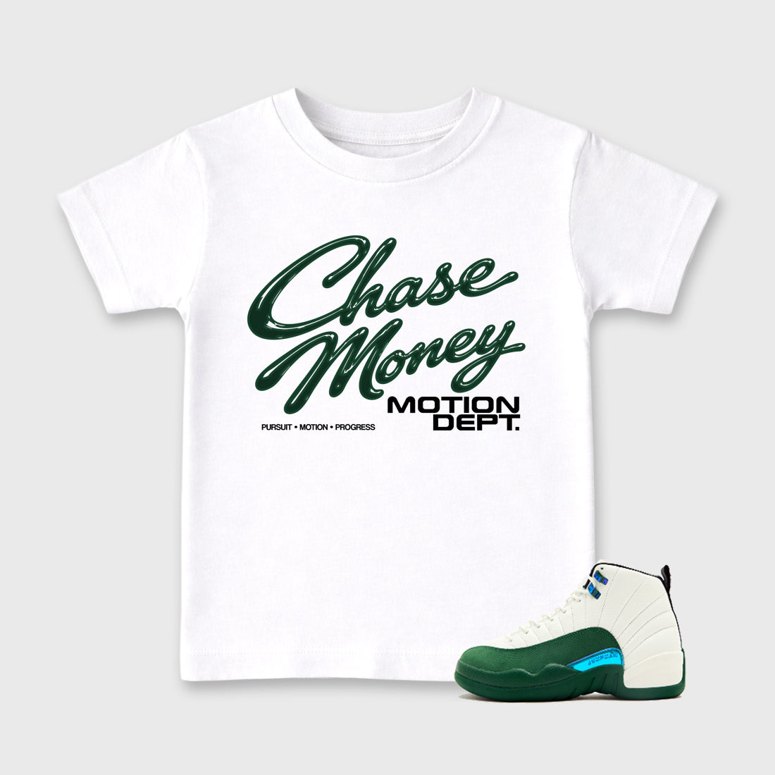 Motion Dept Baby & Kids Graphic T-Shirt featuring original artwork designed to match the Air Jordan 12 Summit Green. White 1 Kids Graphic Tee.