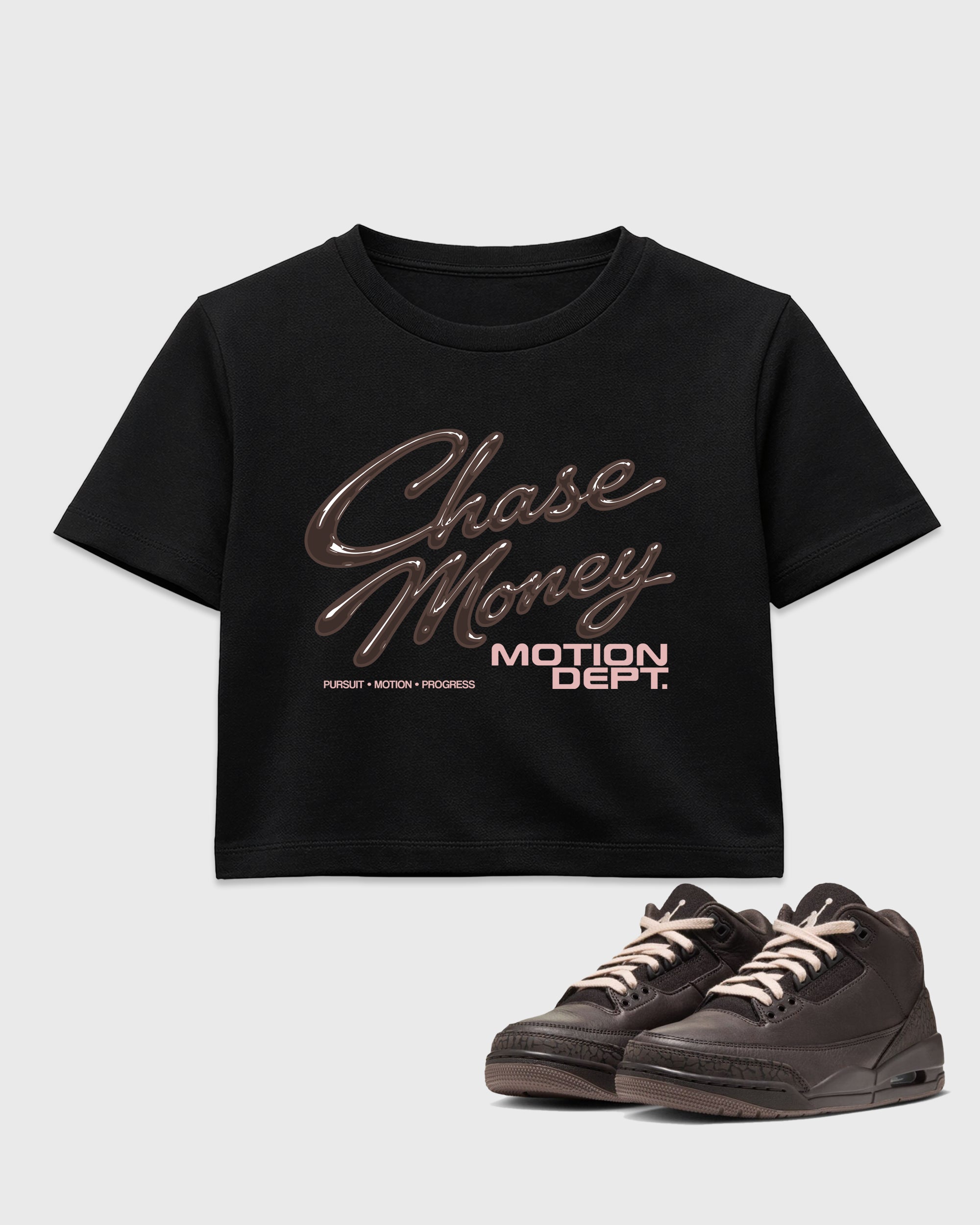 Motion Dept women’s crop tee designed to match the Air Jordan 3 Fireside, featuring coordinated Black 1 options for a perfect streetwear vibe.