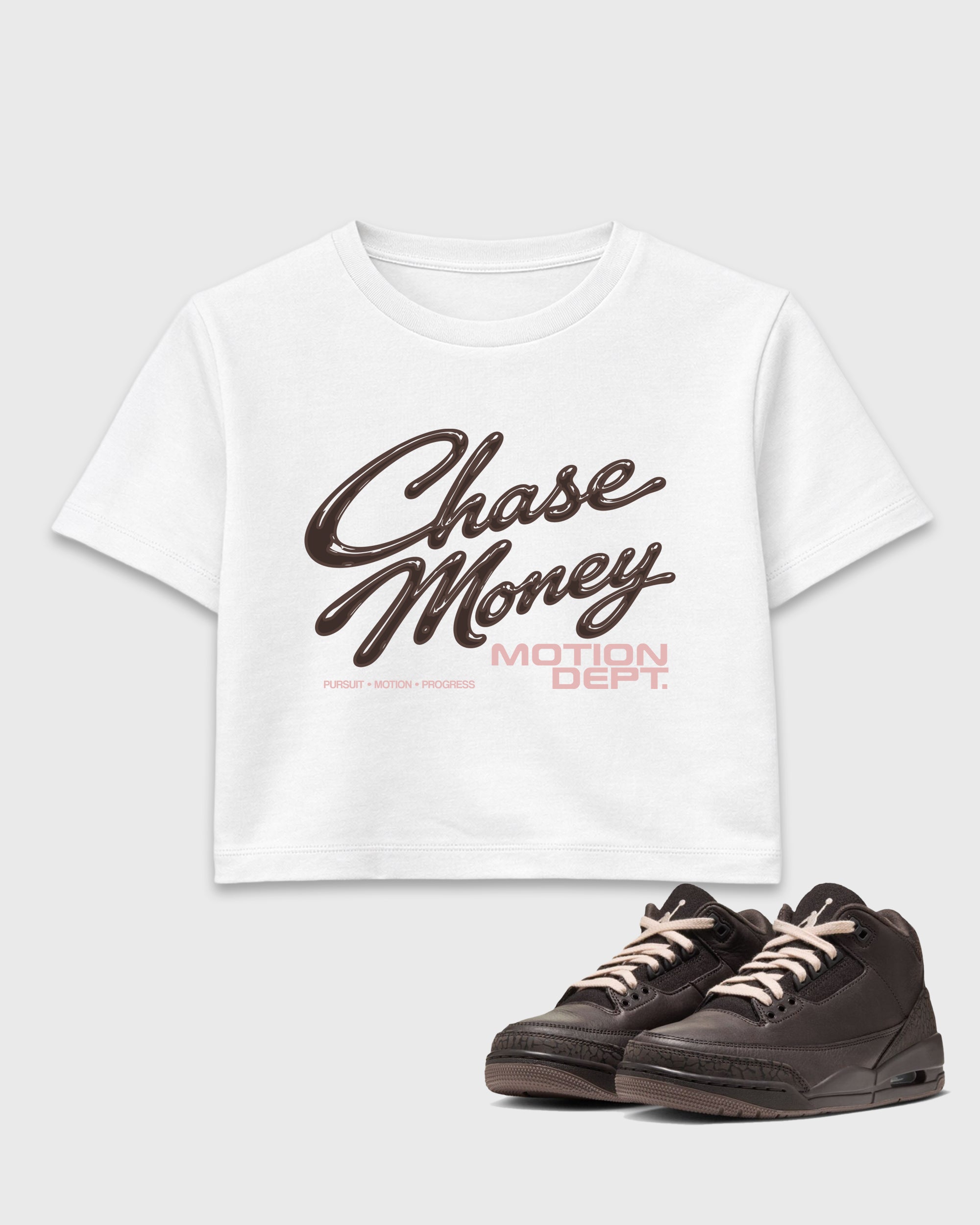 Motion Dept women’s crop tee designed to match the Air Jordan 3 Fireside, featuring coordinated White 1 options for a perfect streetwear vibe.