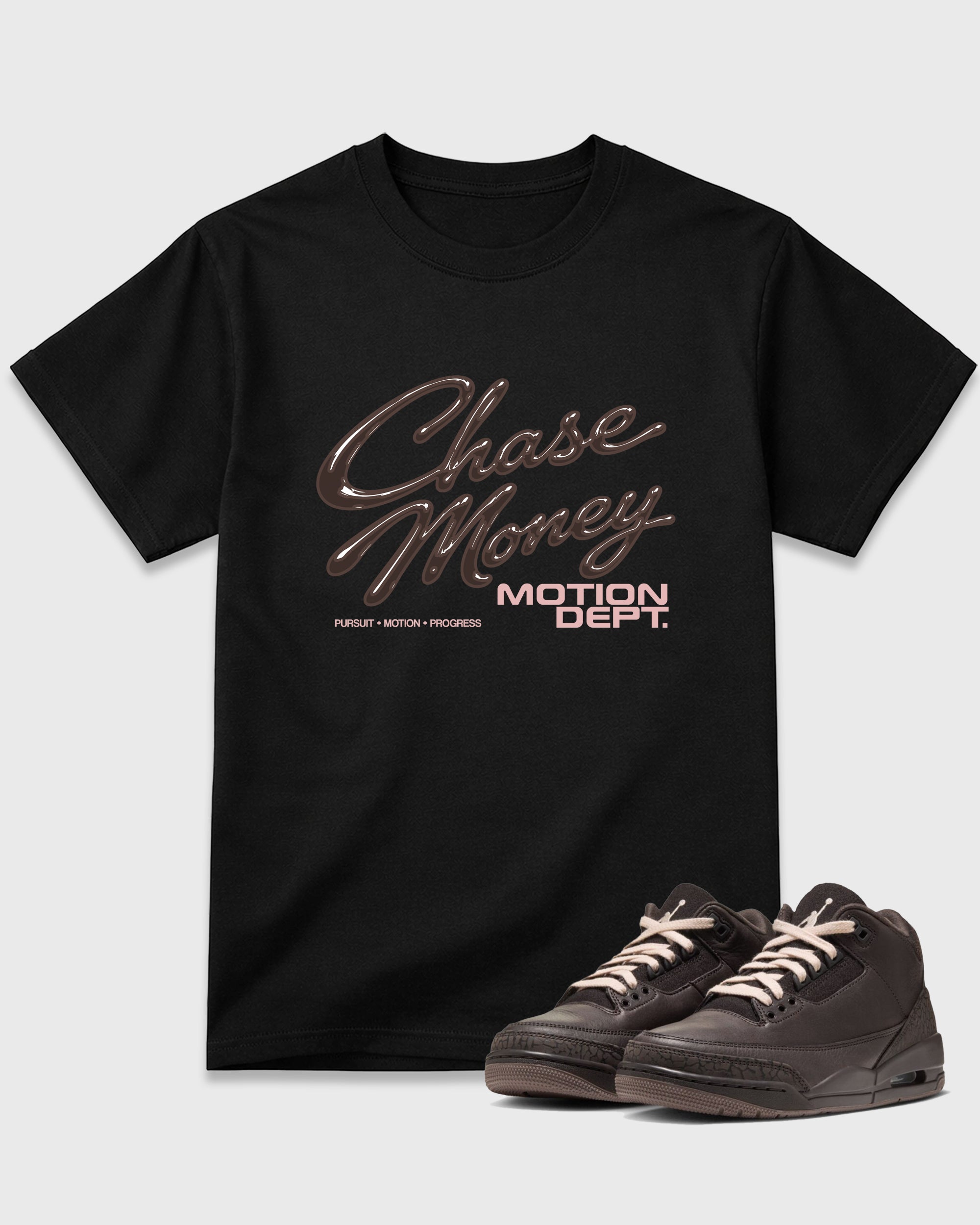 Motion Dept Graphic T-Shirt featuring original streetwear artwork designed to match the Air Jordan 3 Fireside. Black 1 Graphic T-Shirt.