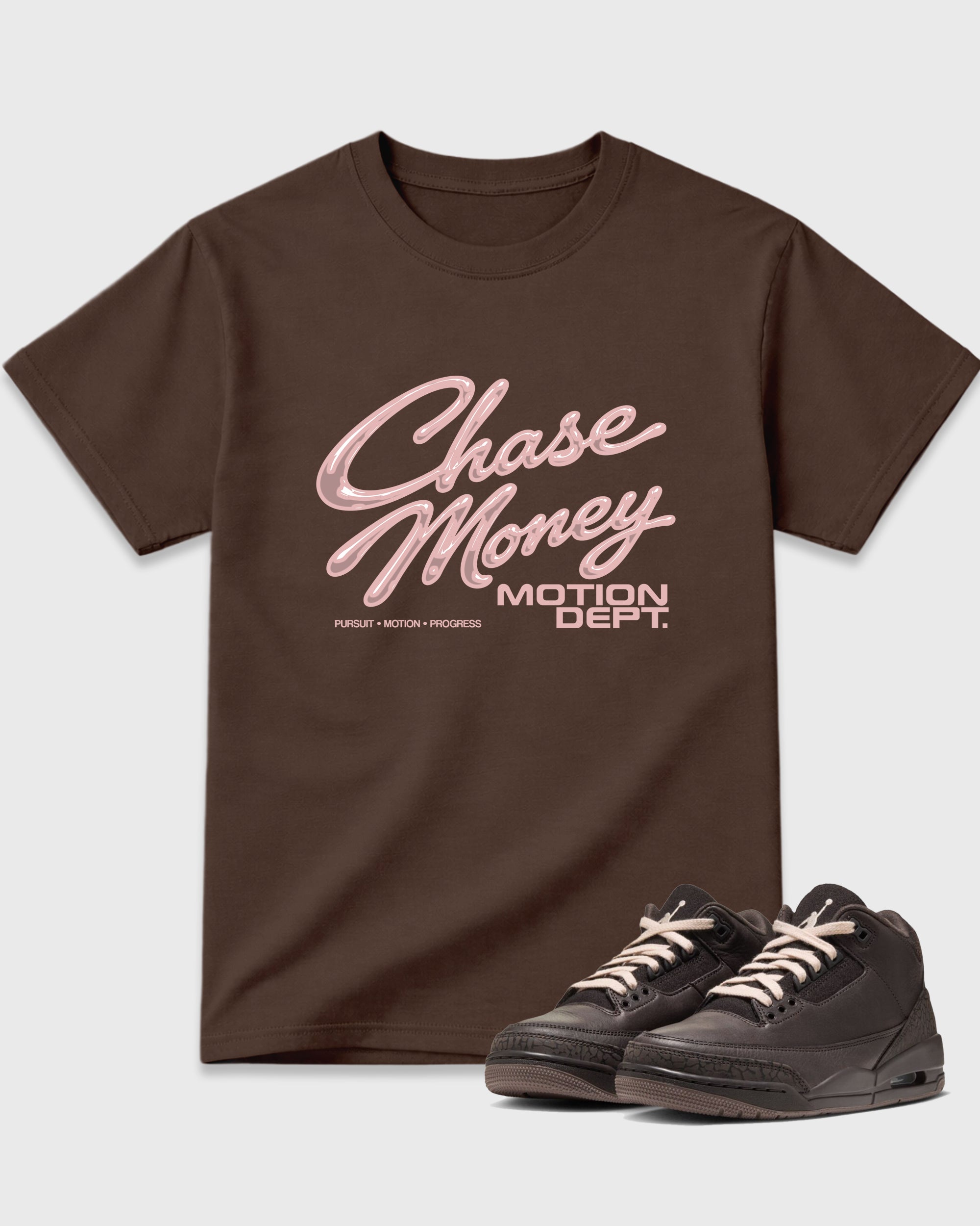 Motion Dept Graphic T-Shirt featuring original streetwear artwork designed to match the Air Jordan 3 Fireside. Dark Chocolate 1 Graphic T-Shirt.