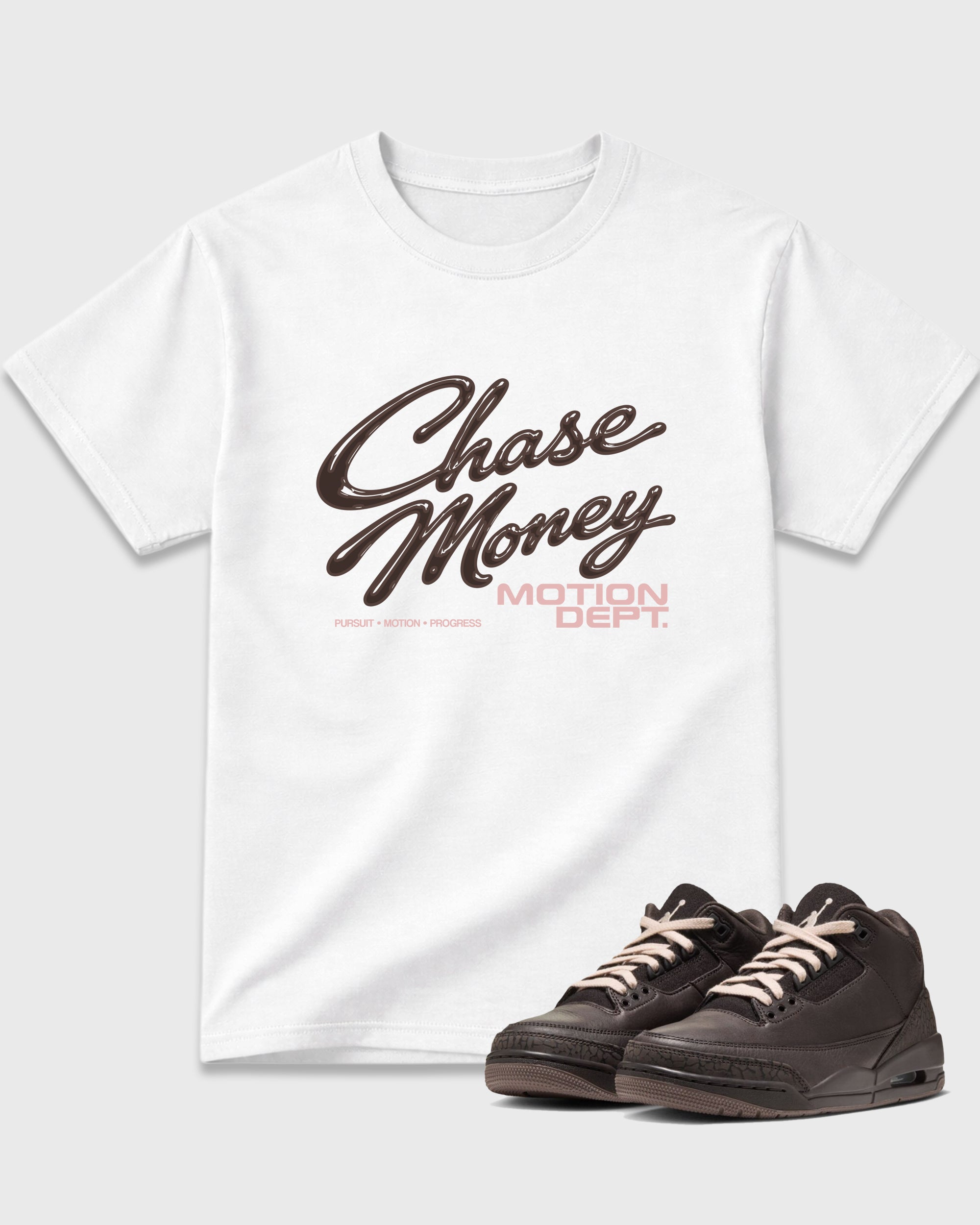Motion Dept Graphic T-Shirt featuring original streetwear artwork designed to match the Air Jordan 3 Fireside. White 1 Graphic T-Shirt.
