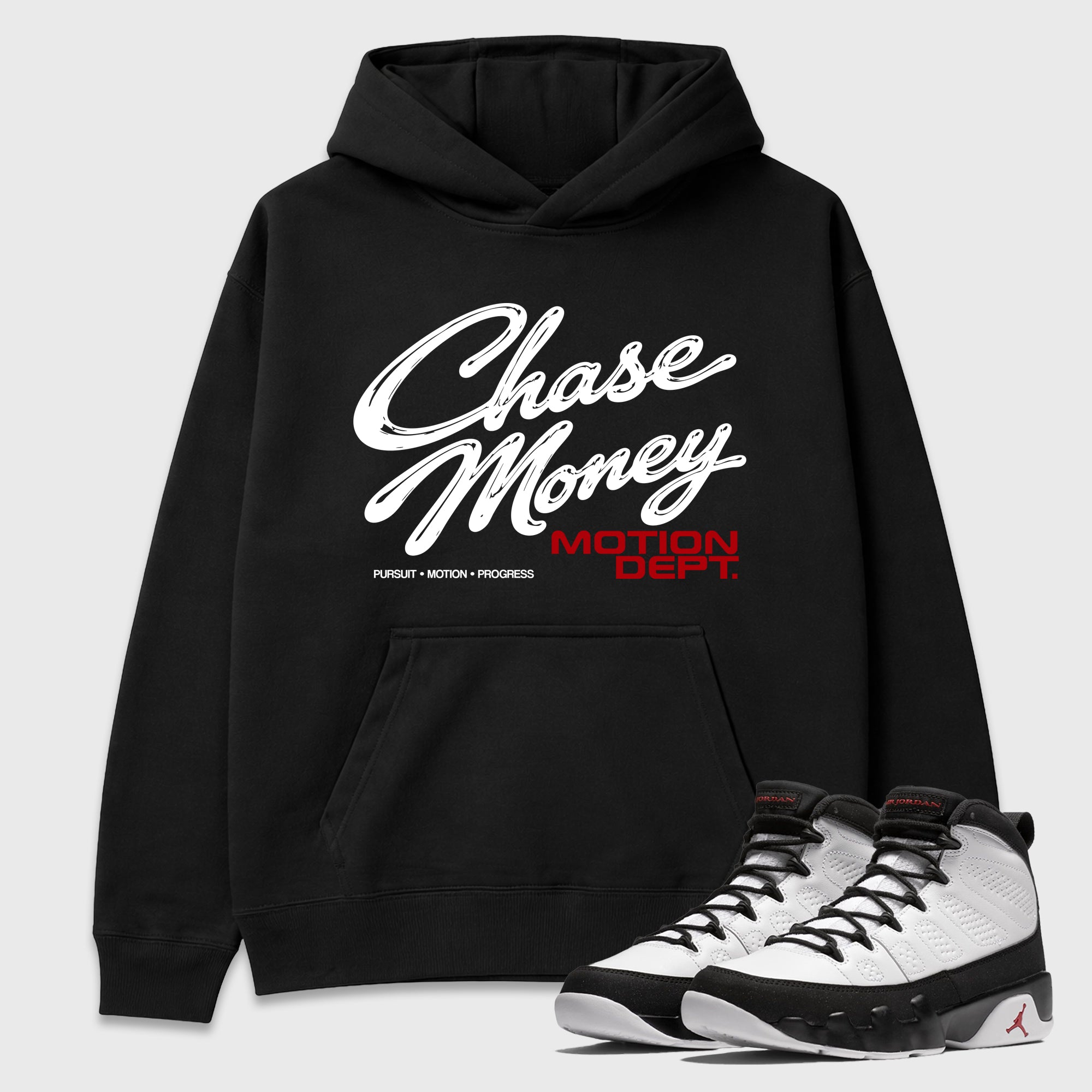 Motion Dept Graphic T-Shirt featuring original streetwear artwork designed to match the Air Jordan 9 True Red. Black 1 Graphic Tee.