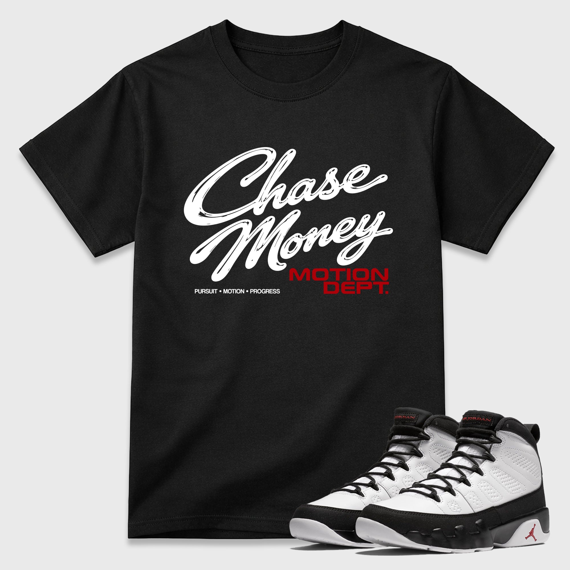 Motion Dept Graphic T-Shirt featuring original streetwear artwork designed to match the Air Jordan 9 True Red. Black 1 Graphic T-Shirt.