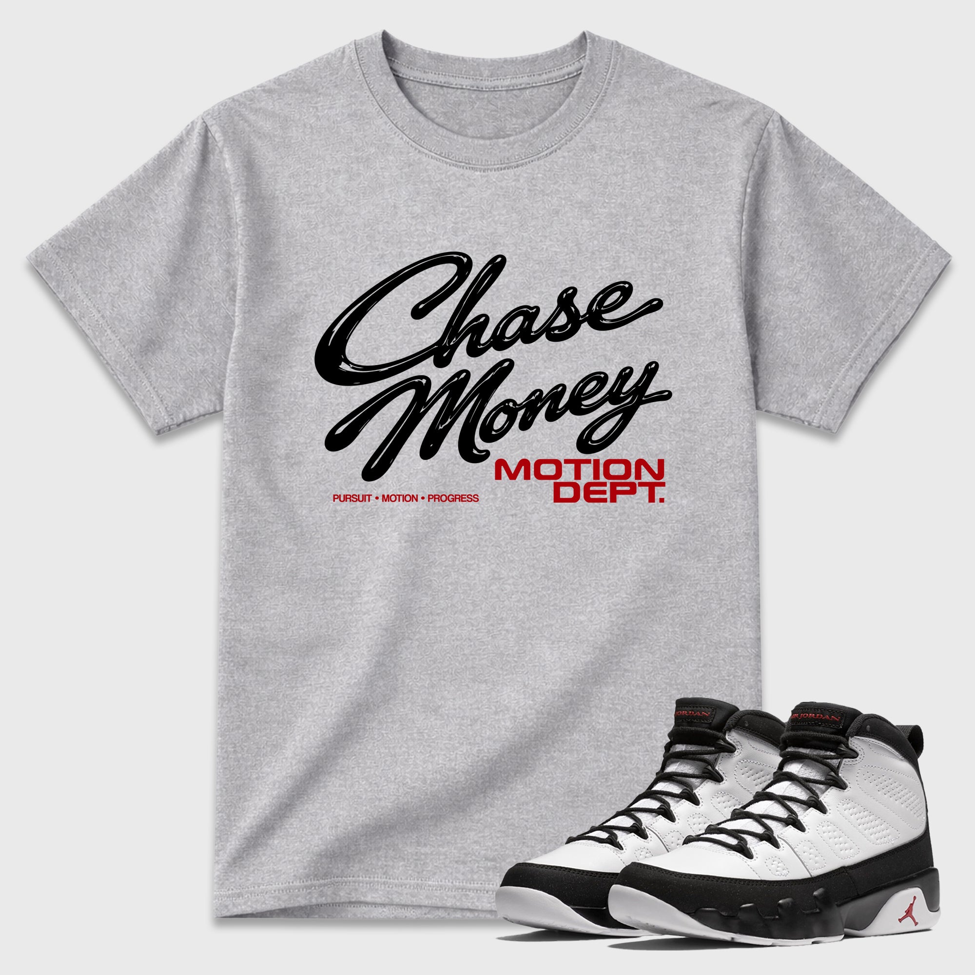 Motion Dept Graphic T-Shirt featuring original streetwear artwork designed to match the Air Jordan 9 True Red. Heather Grey 1 Graphic T-Shirt.