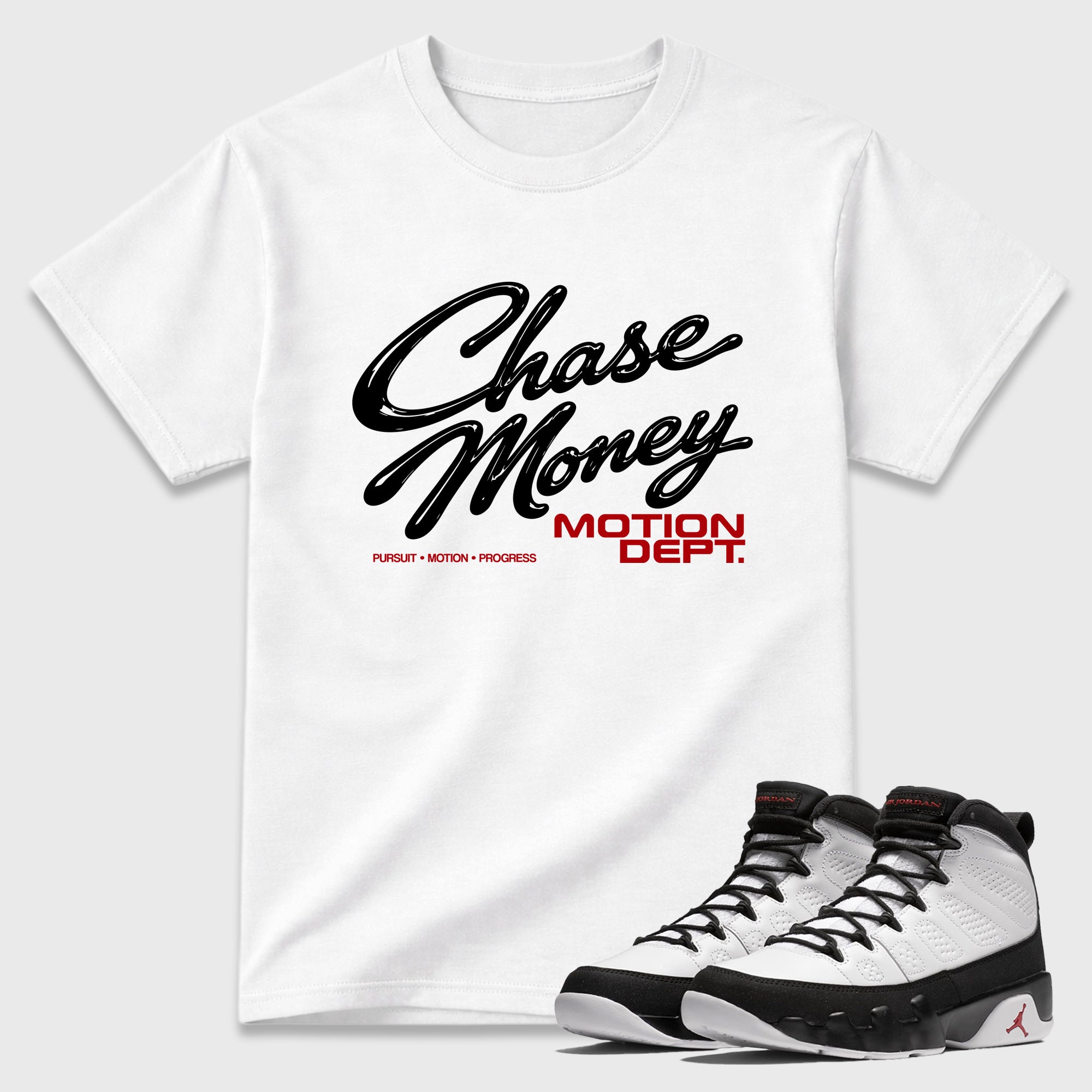 Motion Dept Graphic T-Shirt featuring original streetwear artwork designed to match the Air Jordan 9 True Red. White 1 Graphic T-Shirt.