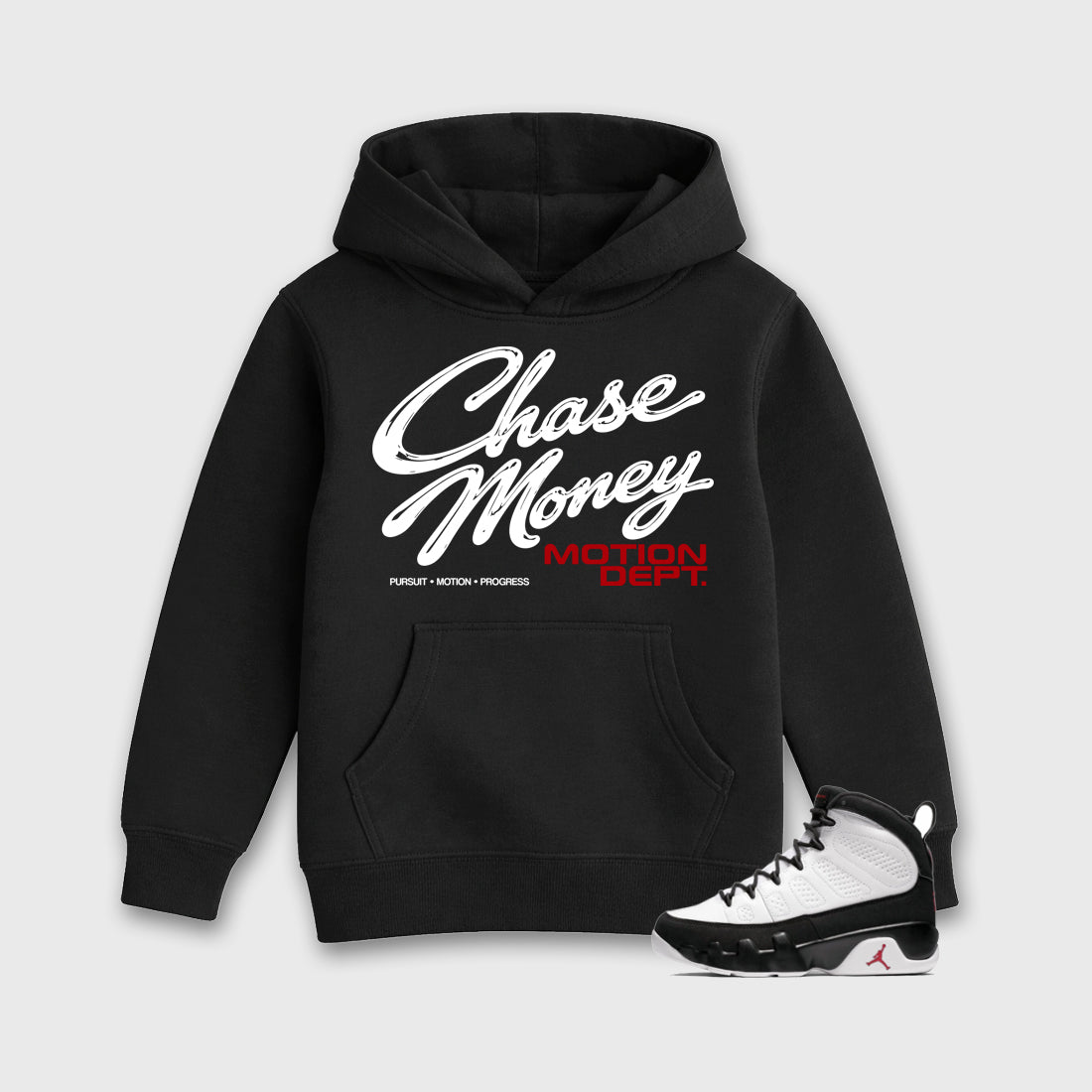 Motion Dept Baby & Kids Graphic Hoodie featuring original artwork designed to match the Air Jordan 9 True Red. Black 1 Kids Graphic Sweater.