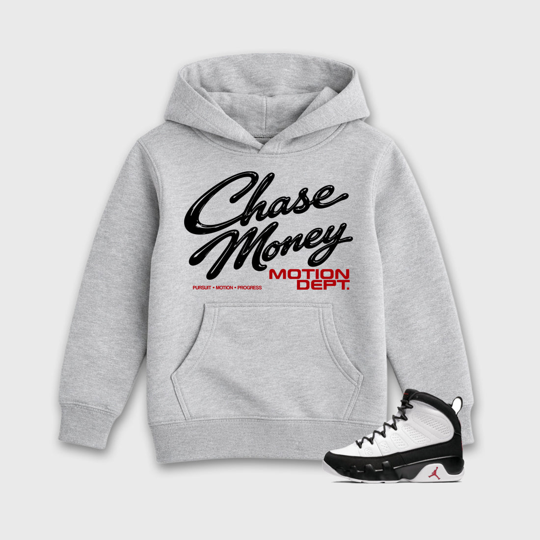 Motion Dept Baby & Kids Graphic Hoodie featuring original artwork designed to match the Air Jordan 9 True Red. Heather Grey 1 Kids Graphic Sweater.
