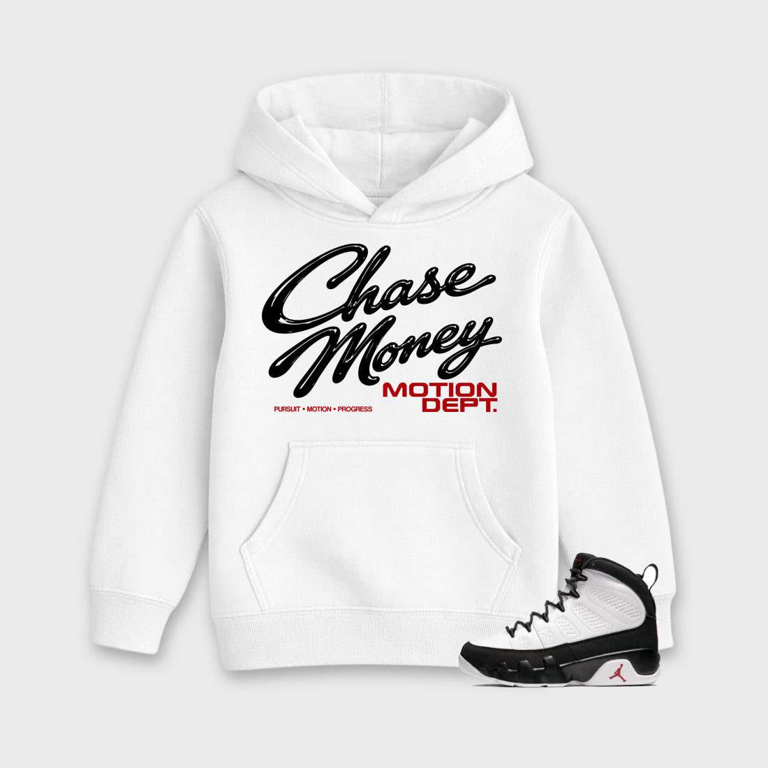 Motion Dept Baby & Kids Graphic Hoodie featuring original artwork designed to match the Air Jordan 9 True Red. White 1 Kids Graphic Sweater.
