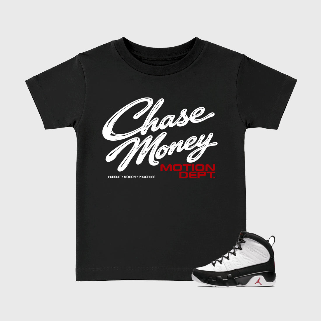 Motion Dept Baby & Kids Graphic T-Shirt featuring original artwork designed to match the Air Jordan 9 True Red. Black 1 Kids Graphic Tee.