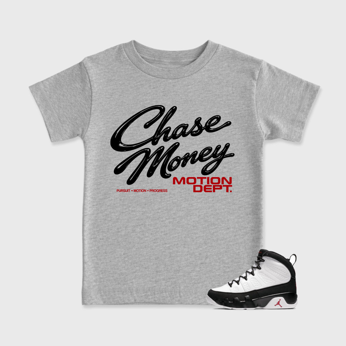 Motion Dept Baby & Kids Graphic T-Shirt featuring original artwork designed to match the Air Jordan 9 True Red. Heather Grey 1 Kids Graphic Tee.