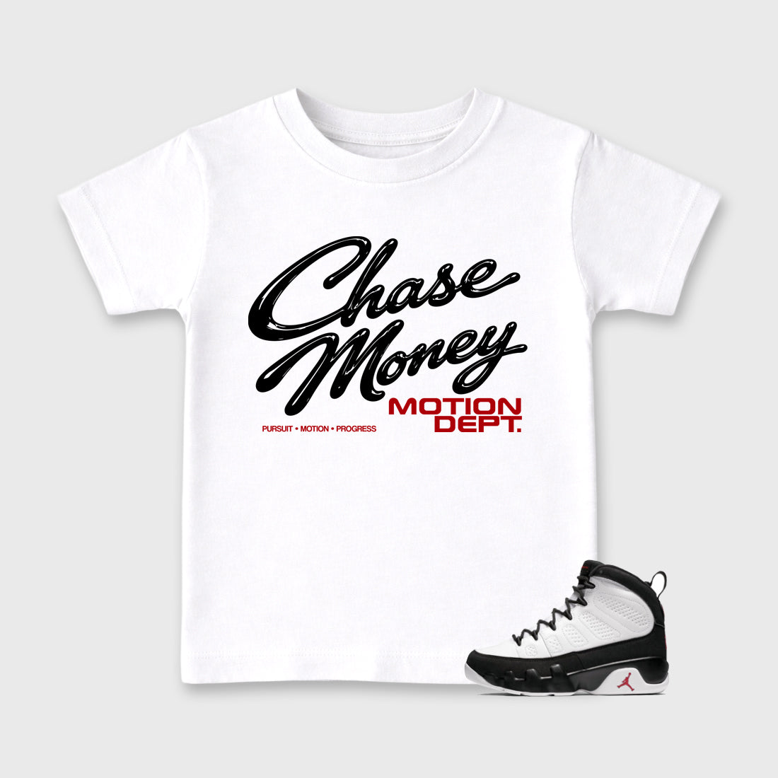 Motion Dept Baby & Kids Graphic T-Shirt featuring original artwork designed to match the Air Jordan 9 True Red. White 1 Kids Graphic Tee.