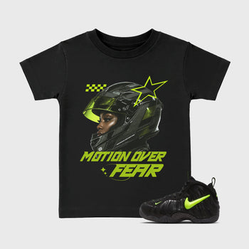 Sneaker match tees – Sneaker Tees To Match Air Foamposite Pro Black Shoes – Motion Over Fear Kids T-Shirt Black 1