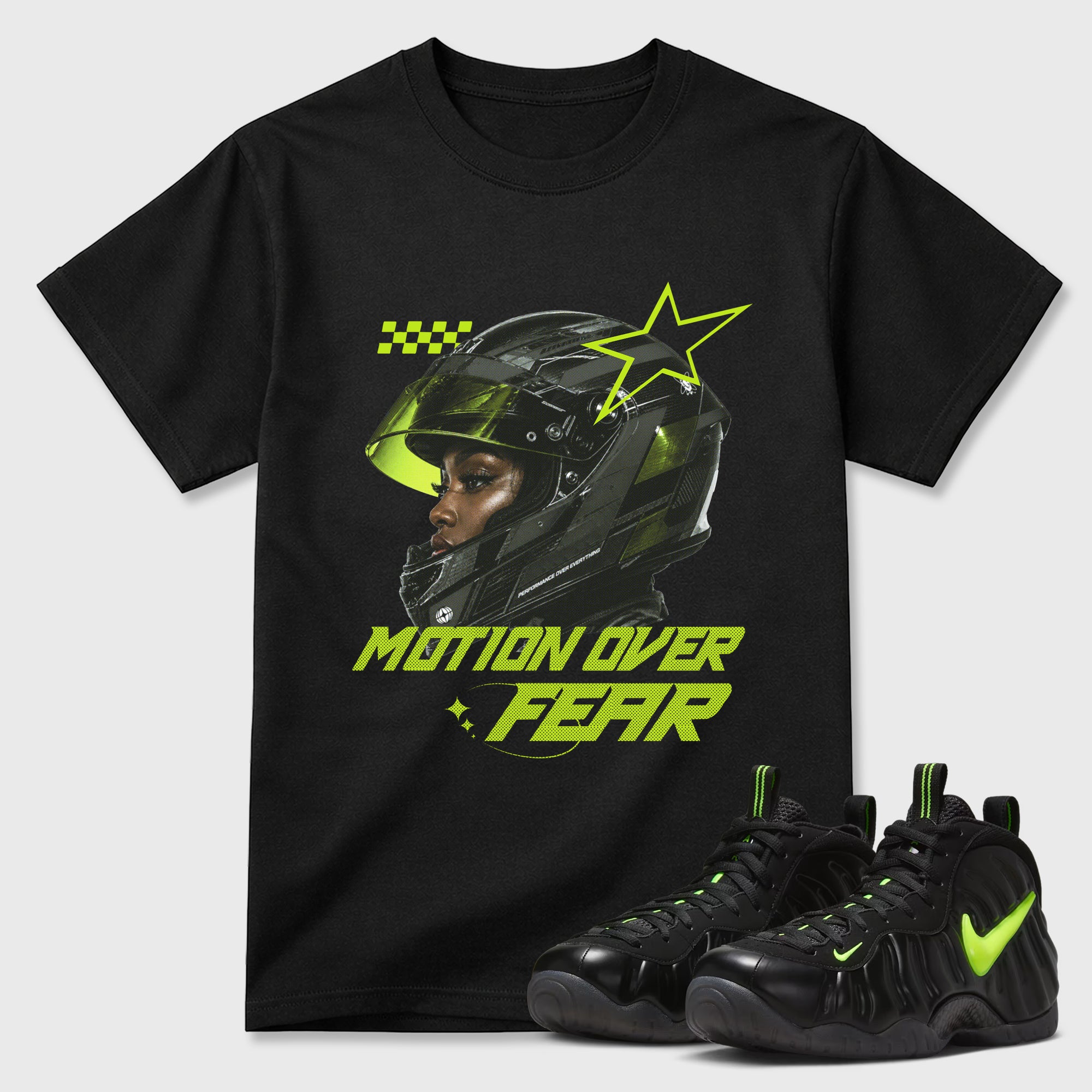 Sneaker match tees – Sneaker Tees To Match Air Foamposite Pro Black Shoes – Motion Over Fear Tee Black 1