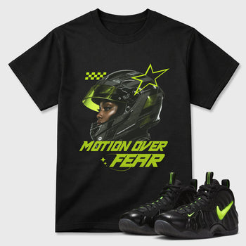 Sneaker match tees – Sneaker Tees To Match Air Foamposite Pro Black Shoes – Motion Over Fear Tee Black 1