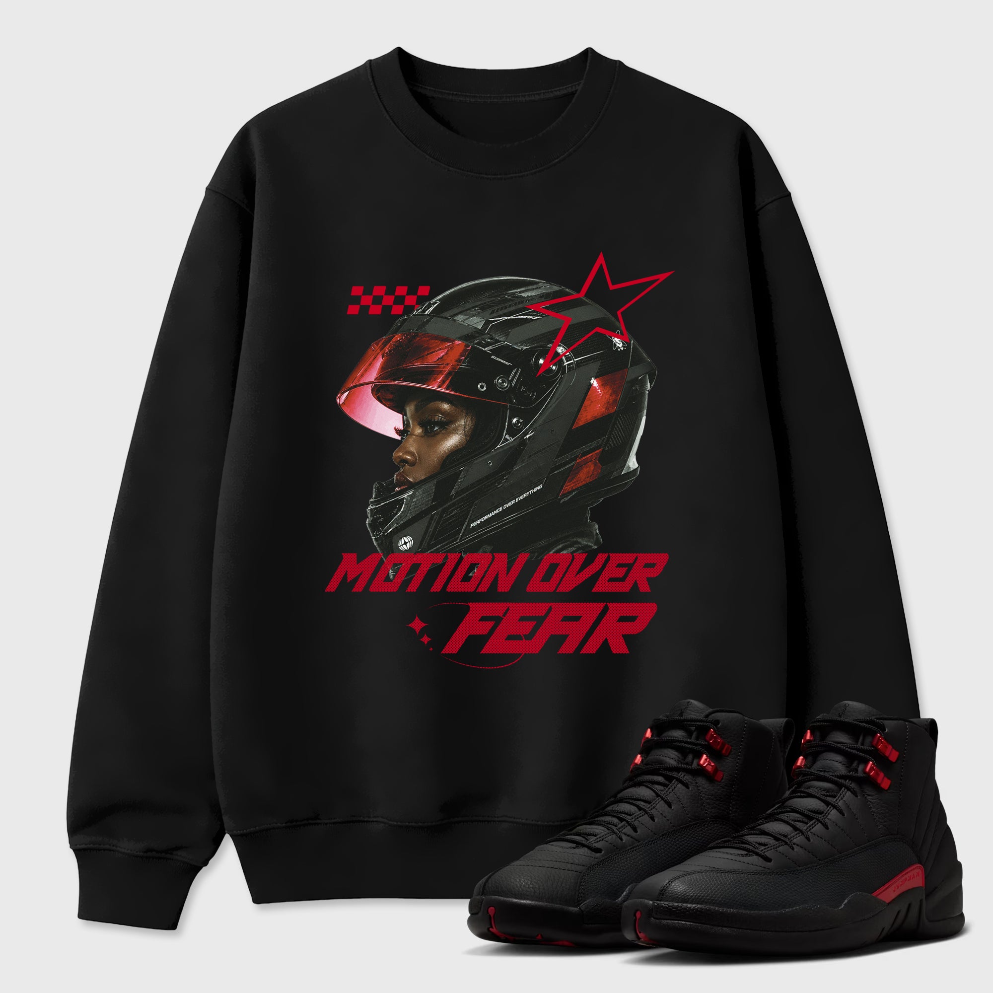 Sneaker match tees – Sneaker Tees To Match Air Jordan 12 Bloodline Shoes – Motion Over Fear Tee Black 1