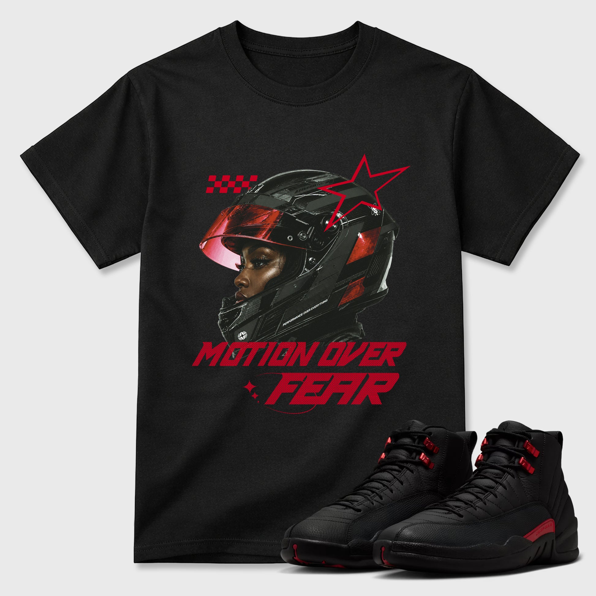 Sneaker match tees – Sneaker Tees To Match Air Jordan 12 Bloodline Shoes – Motion Over Fear Tee Black 1